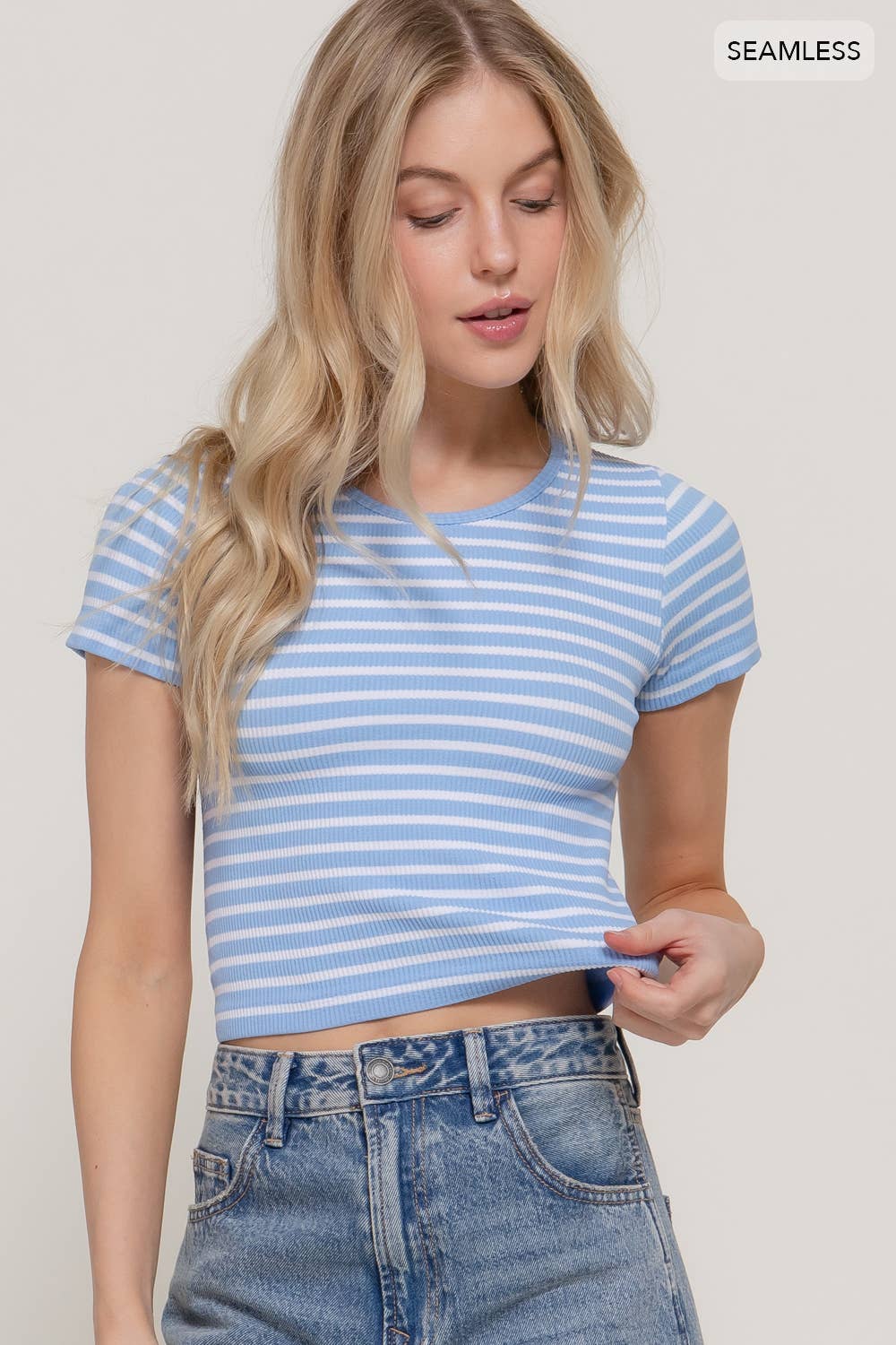 Short Sleeve Crew Neck Stripe Seamless Rib Knit Top