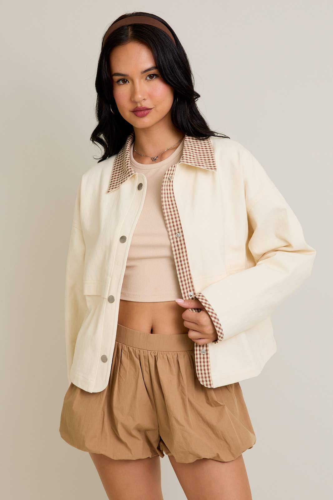 SHACKET WITH GINGHAM CONTRAST DETAILING