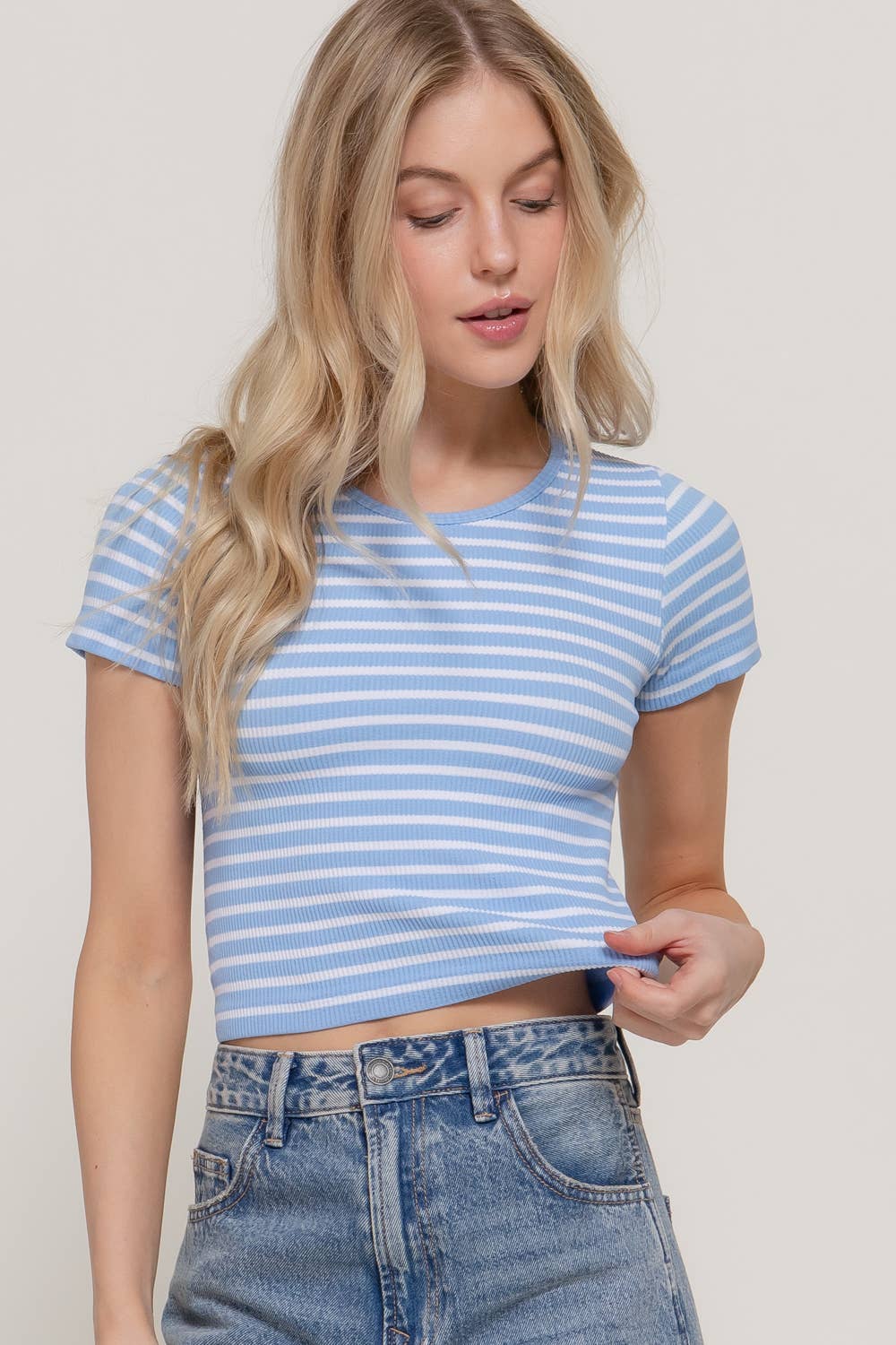 Short Sleeve Crew Neck Stripe Seamless Rib Knit Top