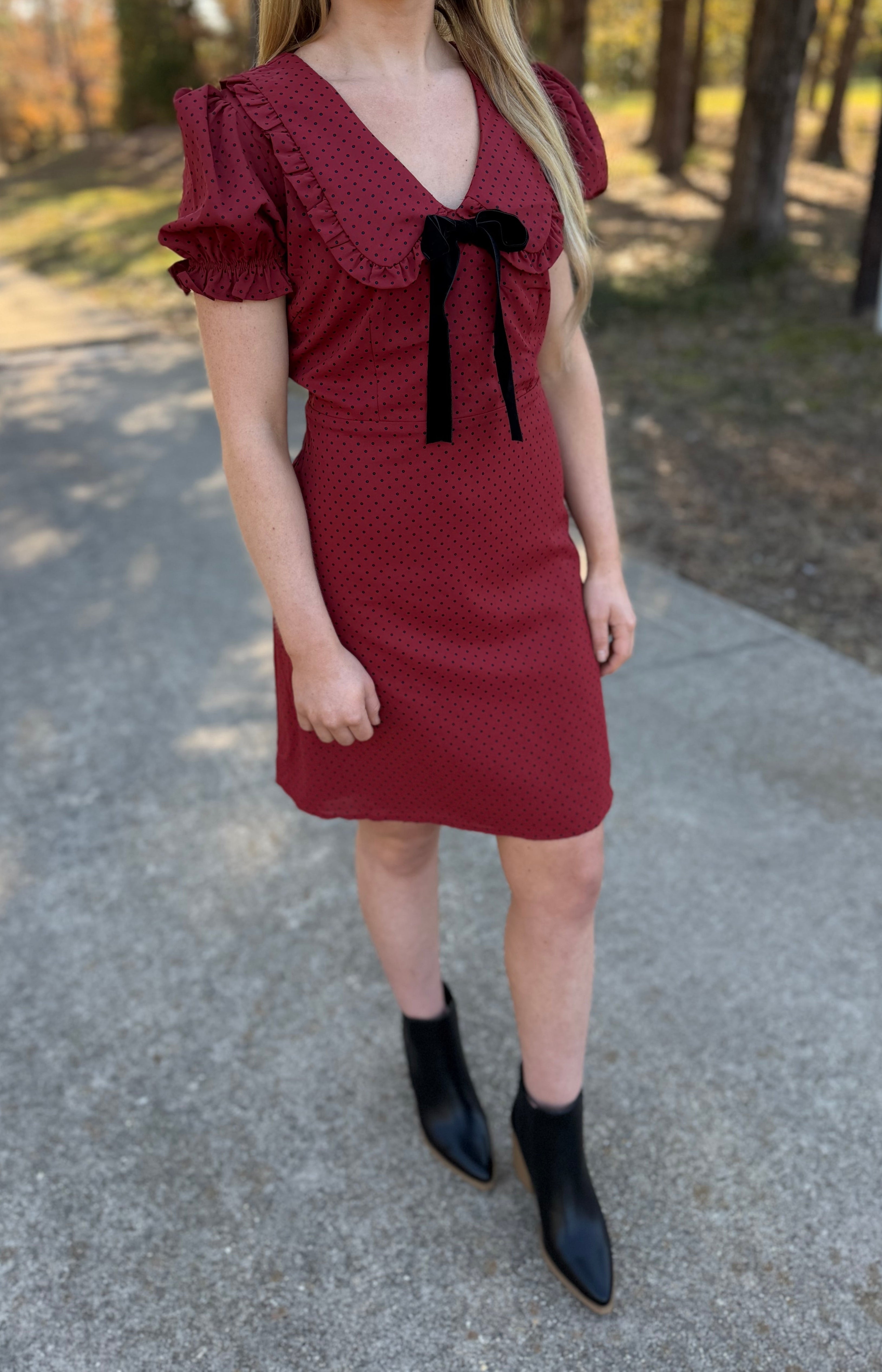POLKA DOT COLLARED VELVET TIE MINI DRESS