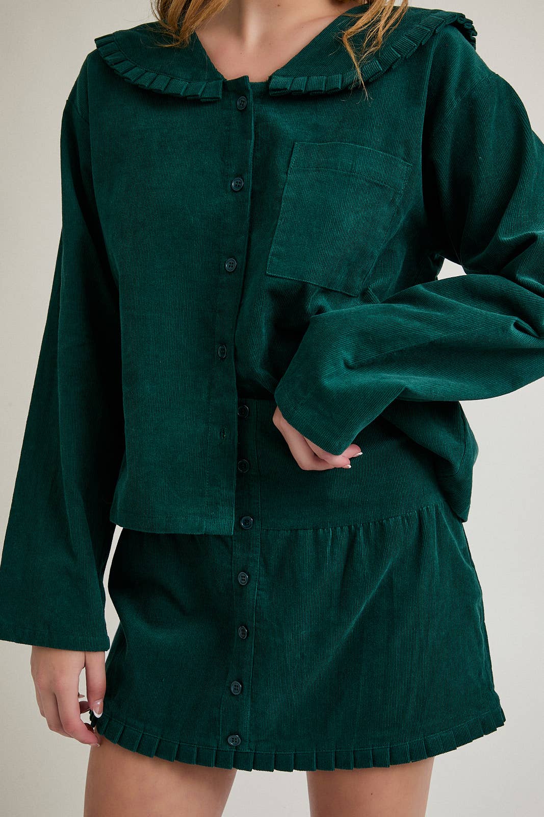 CORDUROY JACKET FRILL DETAIL COLLAR & MINI SKIRT