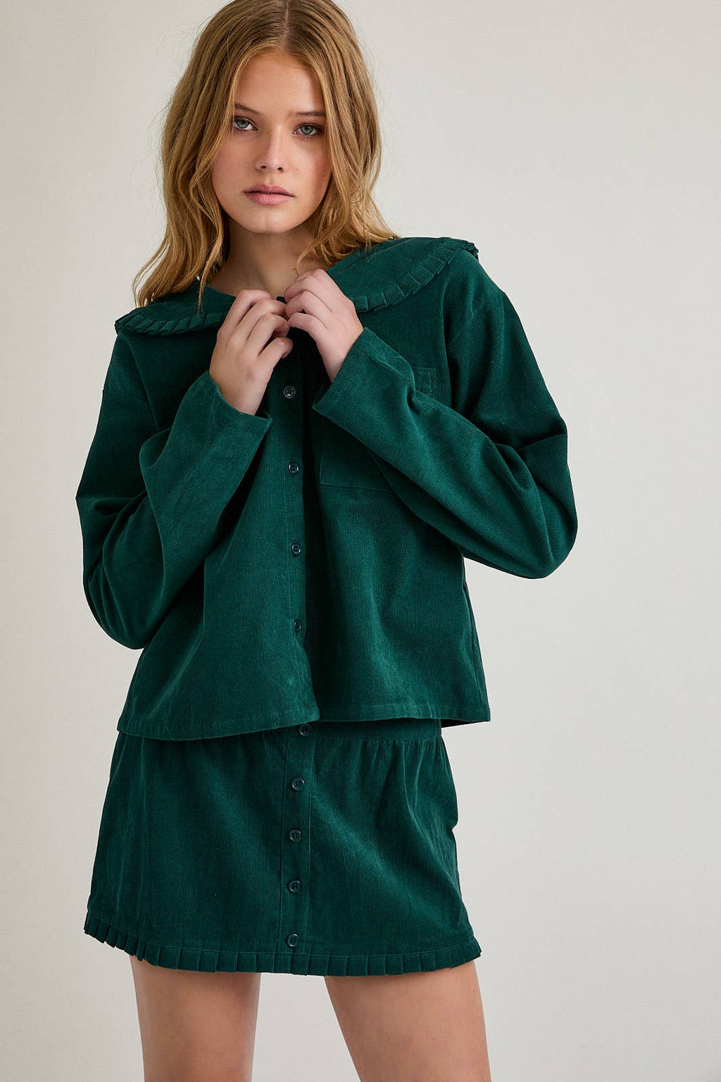 CORDUROY JACKET FRILL DETAIL COLLAR & MINI SKIRT