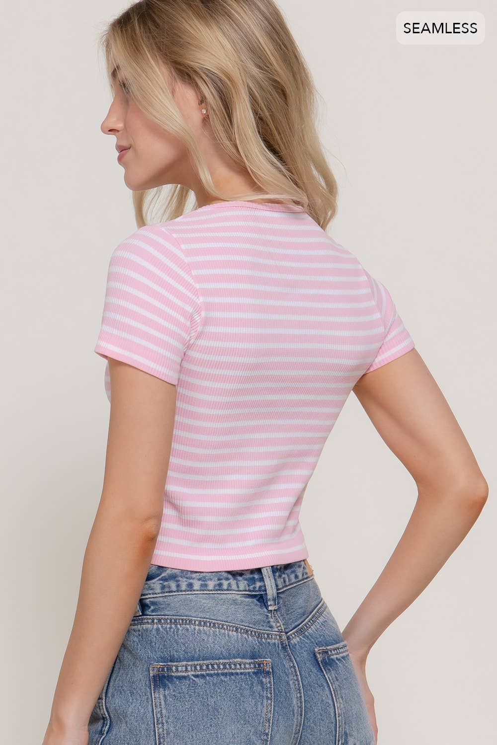 Short Sleeve Crew Neck Stripe Seamless Rib Knit Top