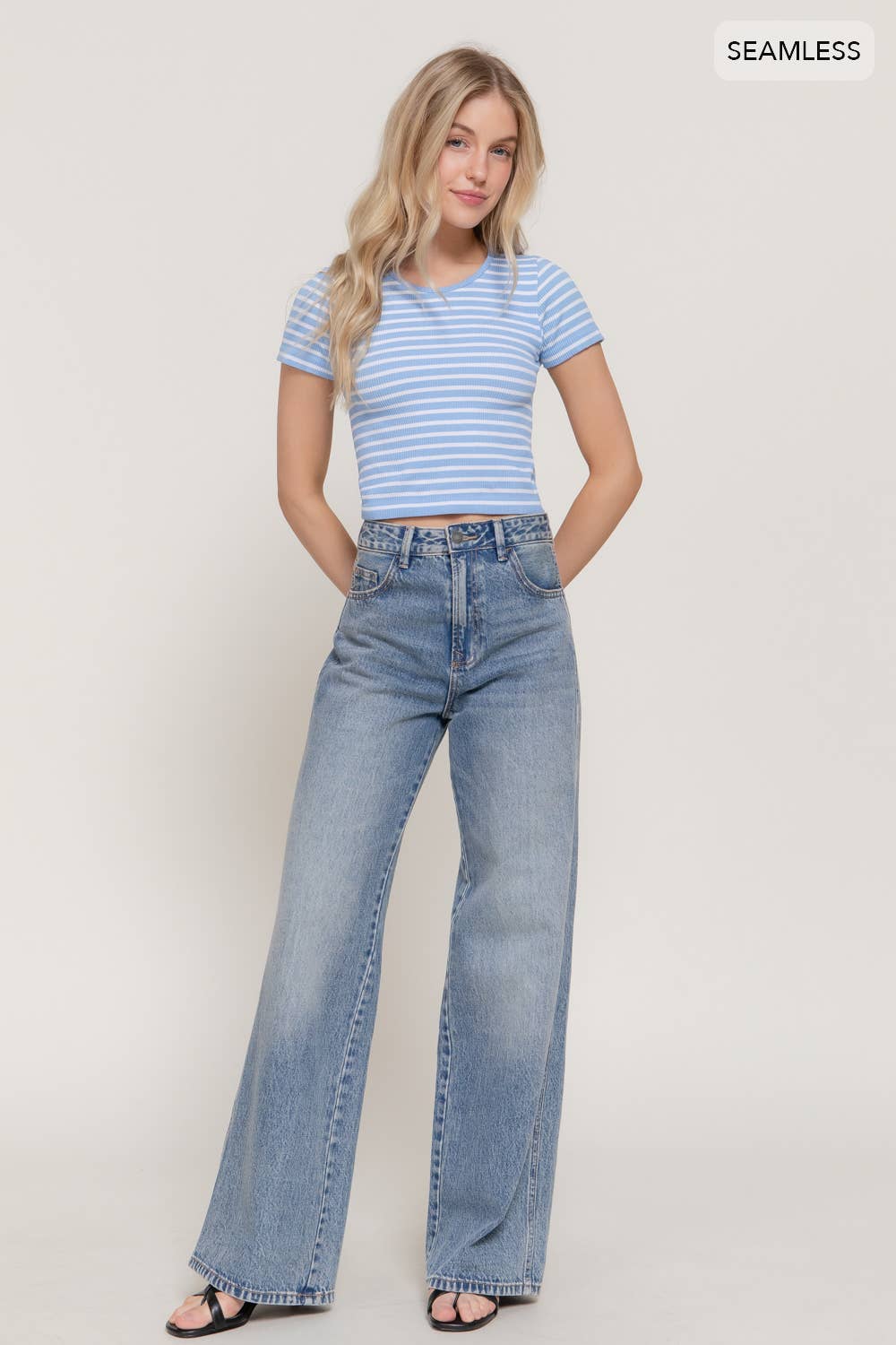 Short Sleeve Crew Neck Stripe Seamless Rib Knit Top