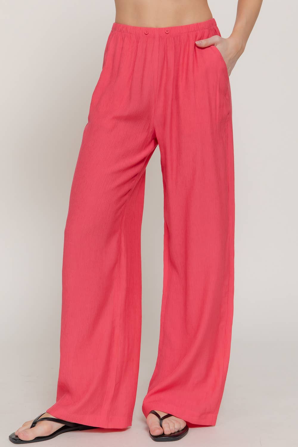 Elastic Waistband Crinkle Woven Long Pants
