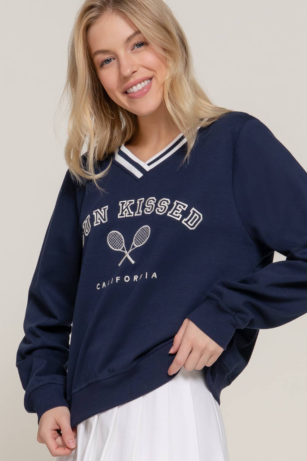 Long Sleeve V-Neck Embroidered Detail Sweatshirt