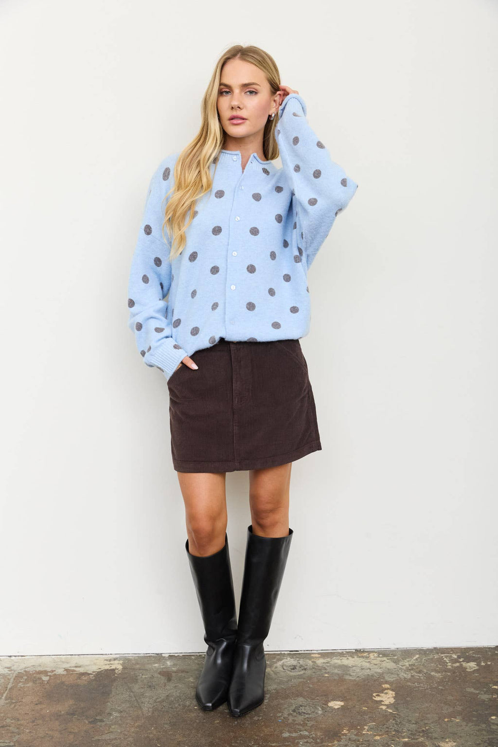 POLKA DOT RAW EDGE WIDE SLEEVE KNIT CARDIGAN