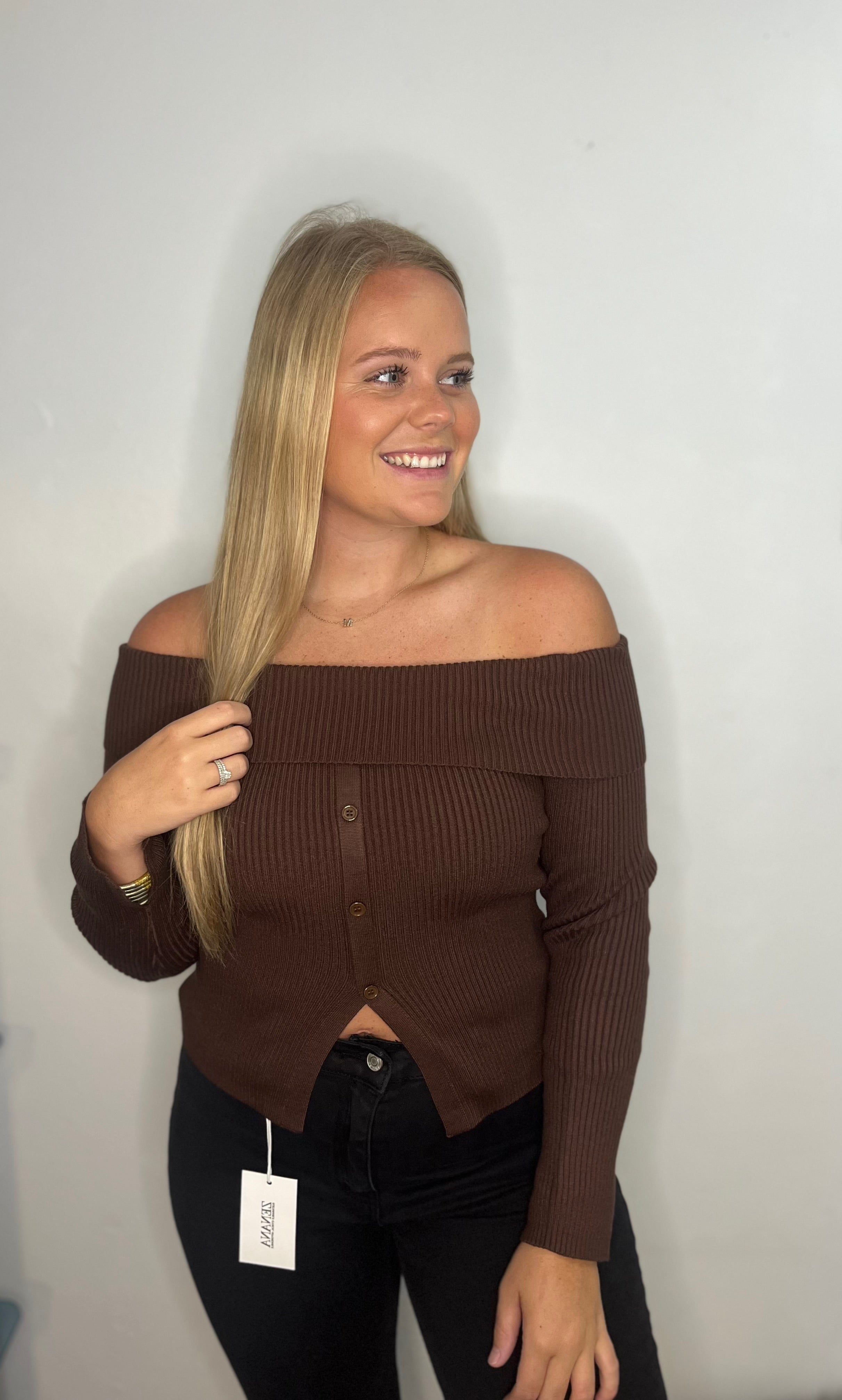 Off-Shoulder Buttoned Rib-Knit Sweater