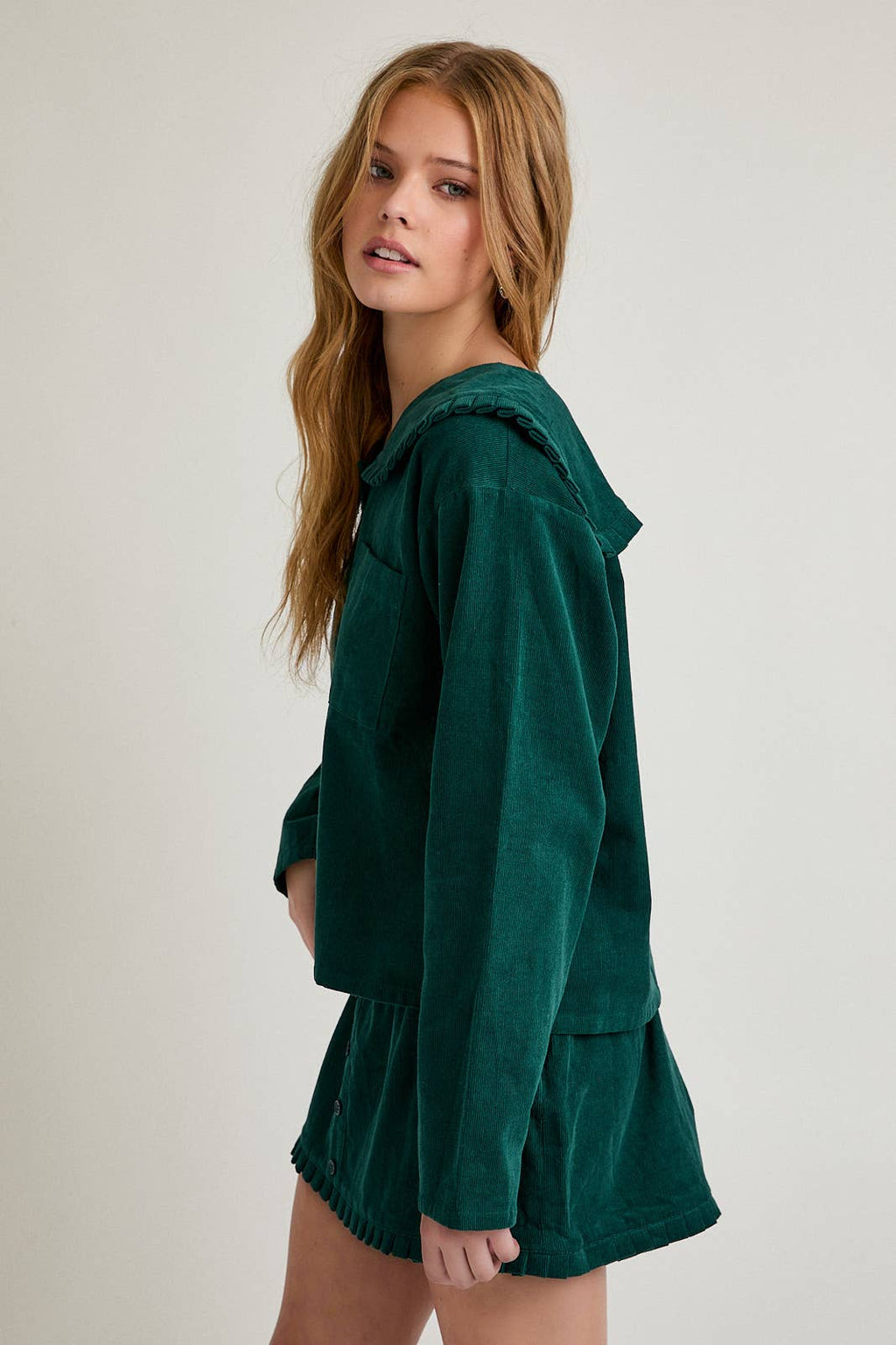 CORDUROY JACKET FRILL DETAIL COLLAR & MINI SKIRT