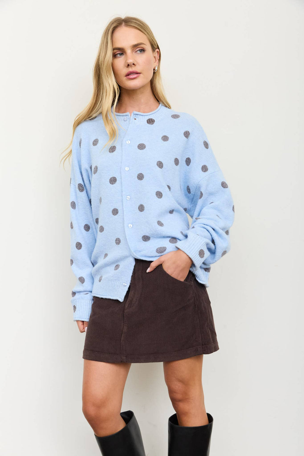 POLKA DOT RAW EDGE WIDE SLEEVE KNIT CARDIGAN
