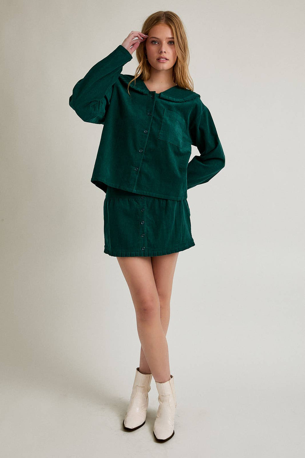 CORDUROY JACKET FRILL DETAIL COLLAR & MINI SKIRT