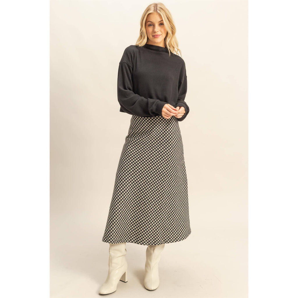 Houndstooth Checkered Wool-Like Midi Skirt