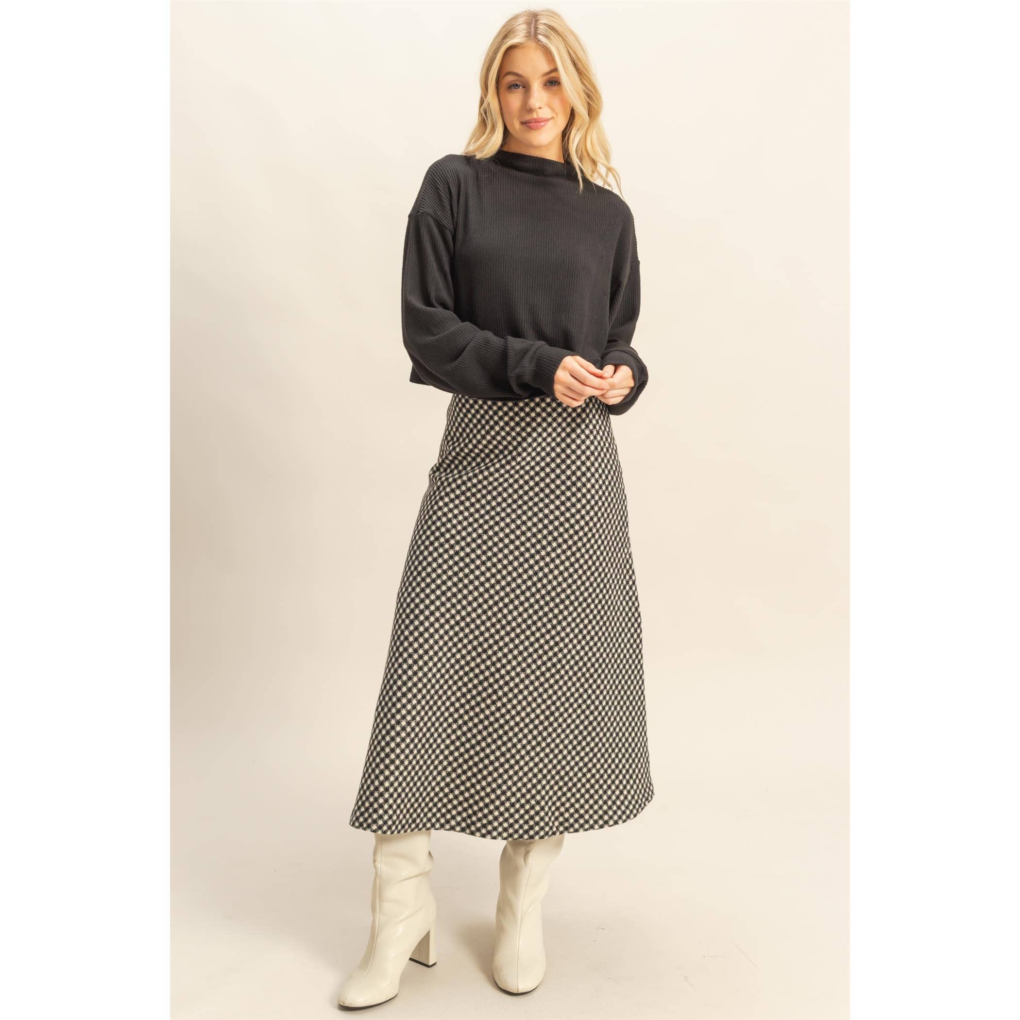 Houndstooth Checkered Wool-Like Midi Skirt