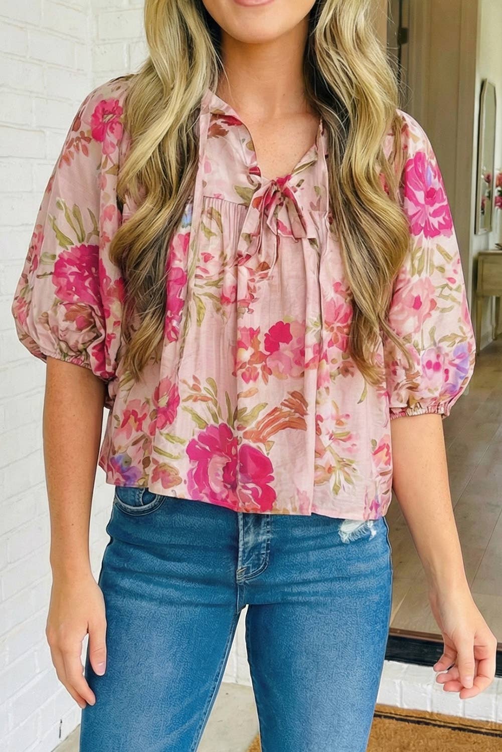 LAS-LIVE Floral Print Tie Neck Puffy Blouse (S-XL)