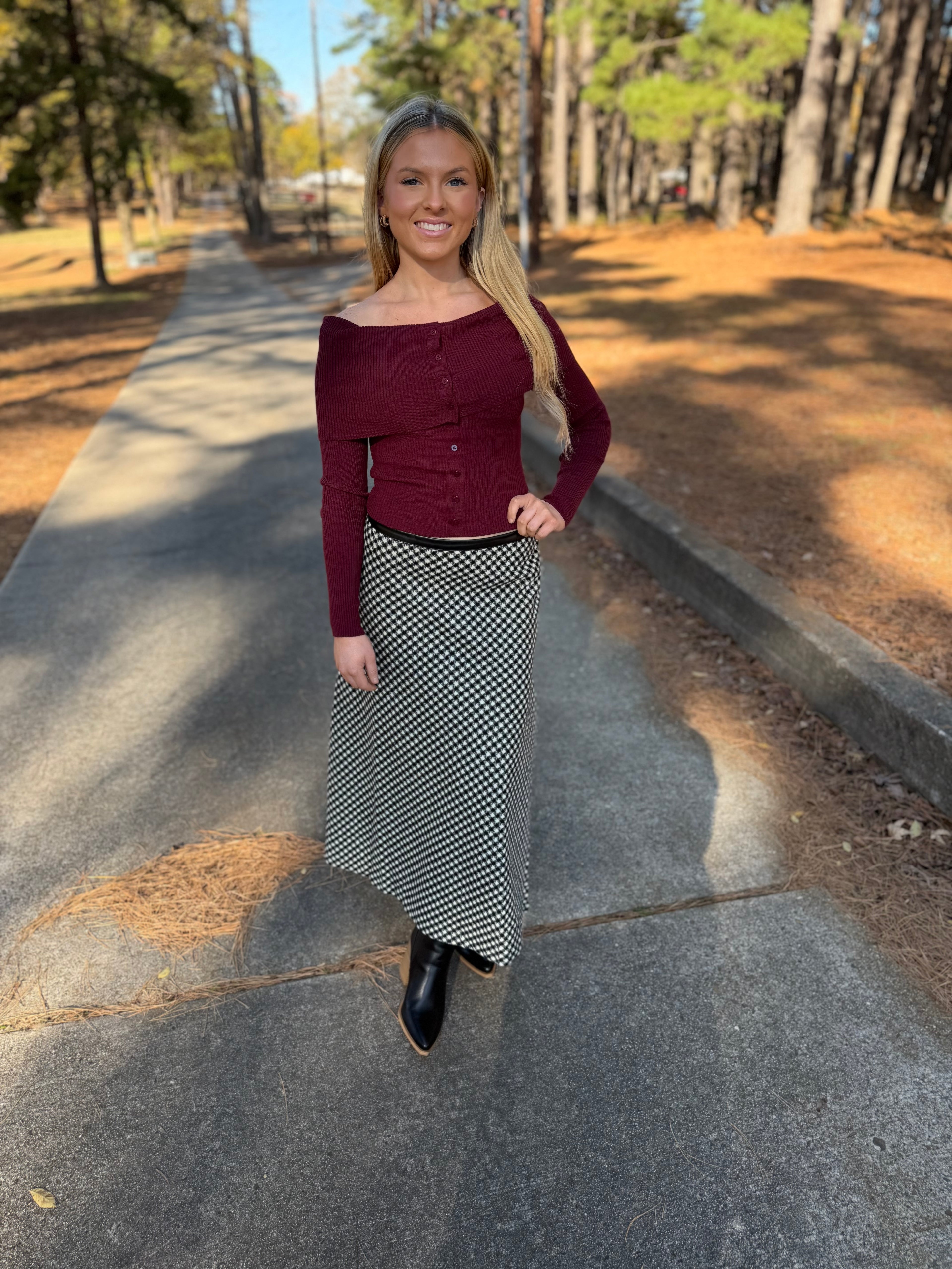 Houndstooth Checkered Wool-Like Midi Skirt