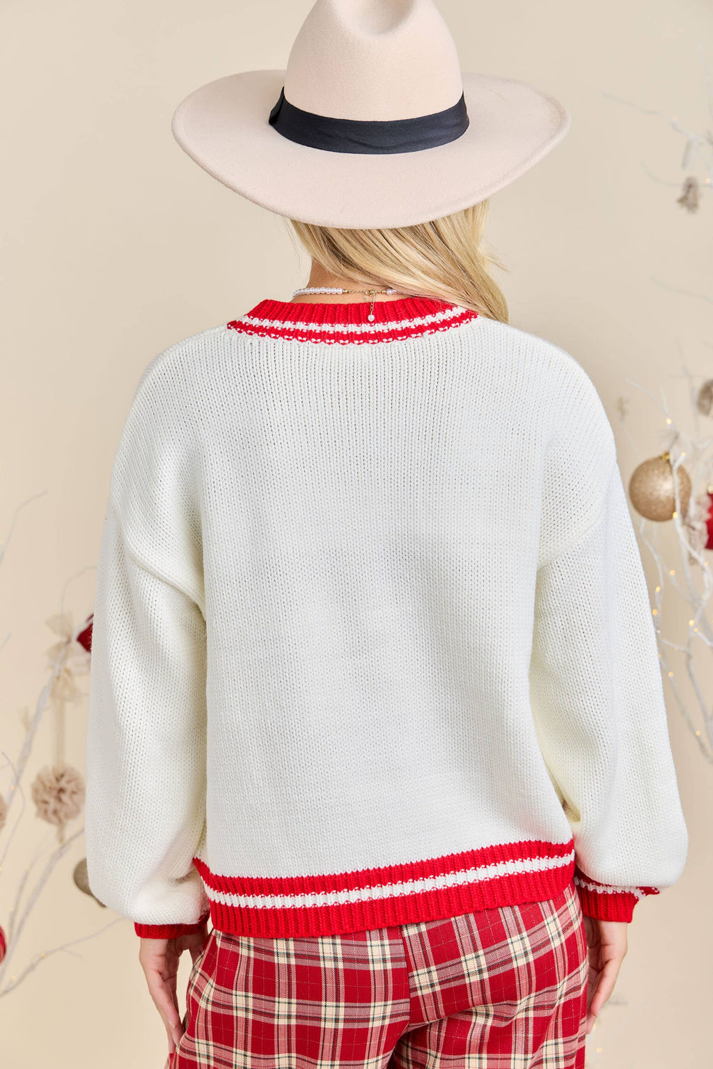 Plaid Tree Knit Sweater with Red Bow – Holiday Pullover
