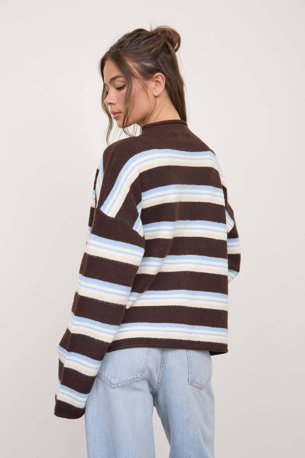 MULTI-COLOR STRIPE ROLLED NECK KNIT CARDIGAN