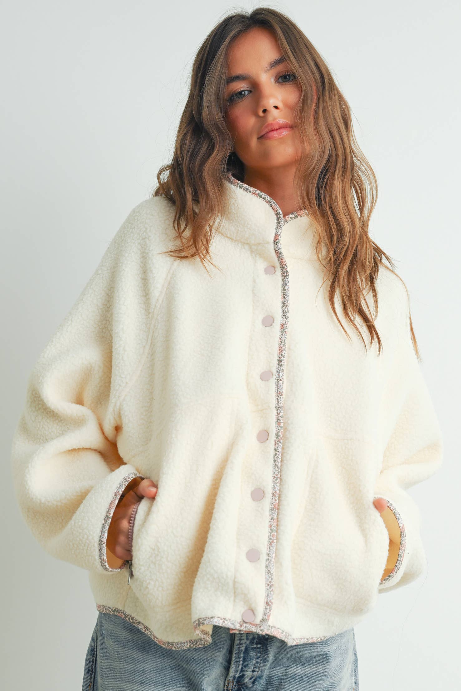 Cozy Snap Mock Neck Sherpa Fleece Jacket