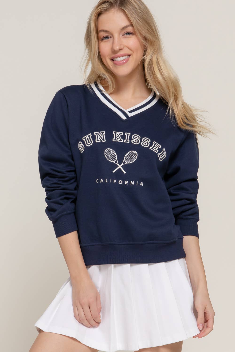 Long Sleeve V-Neck Embroidered Detail Sweatshirt