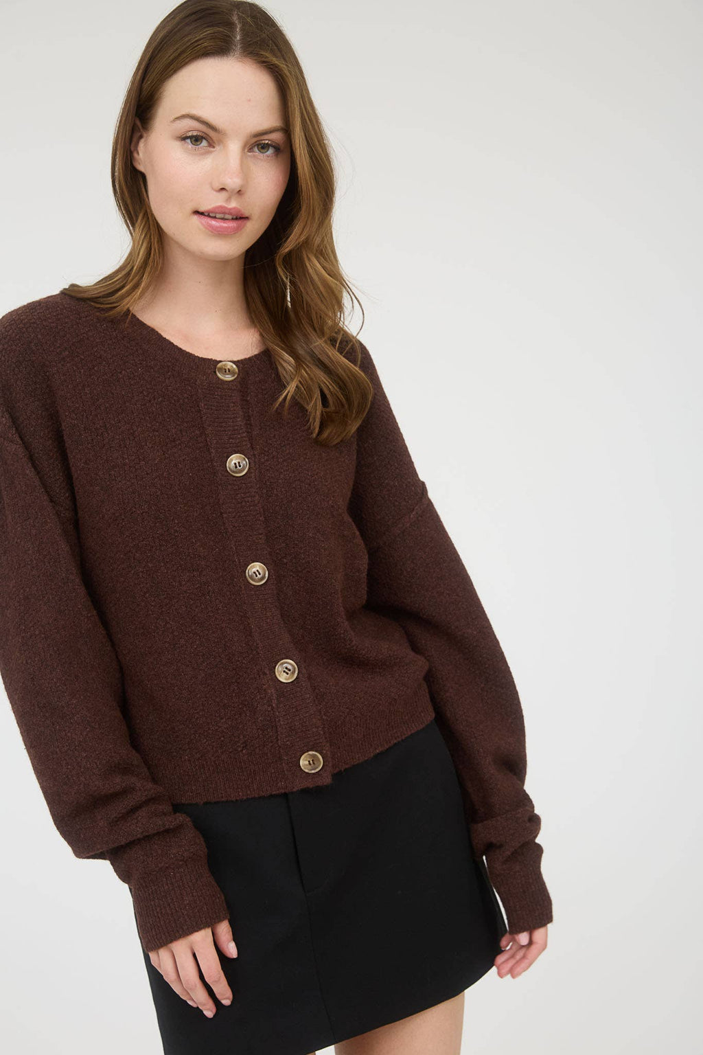 RIBBED TRIM BUTTON DOWN LONG SLEEVE KNIT CARDIGAN