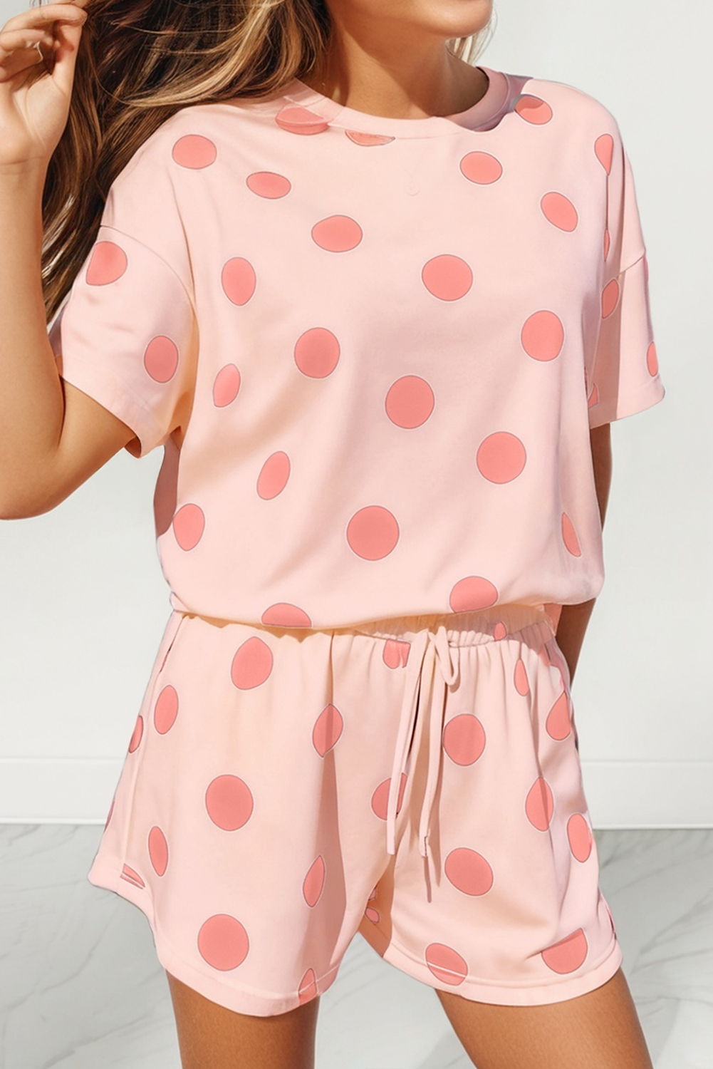 LAS Polka Dot Print Loose Tee Drawstring Short Set (S-XL)