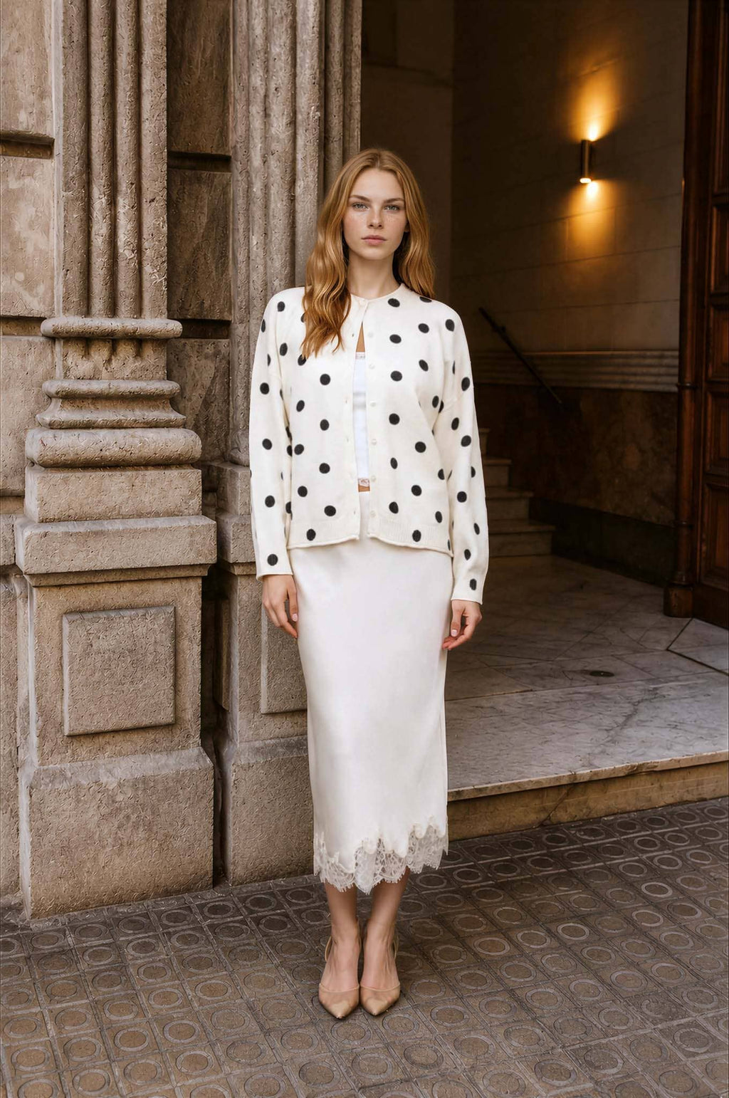 POLKA DOT RAW EDGE WIDE SLEEVE KNIT CARDIGAN