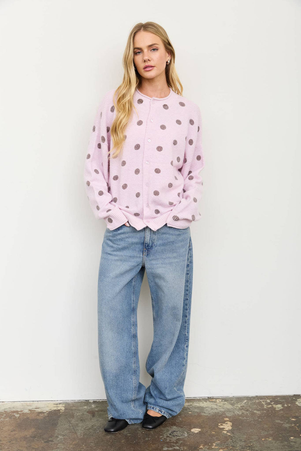POLKA DOT RAW EDGE WIDE SLEEVE KNIT CARDIGAN