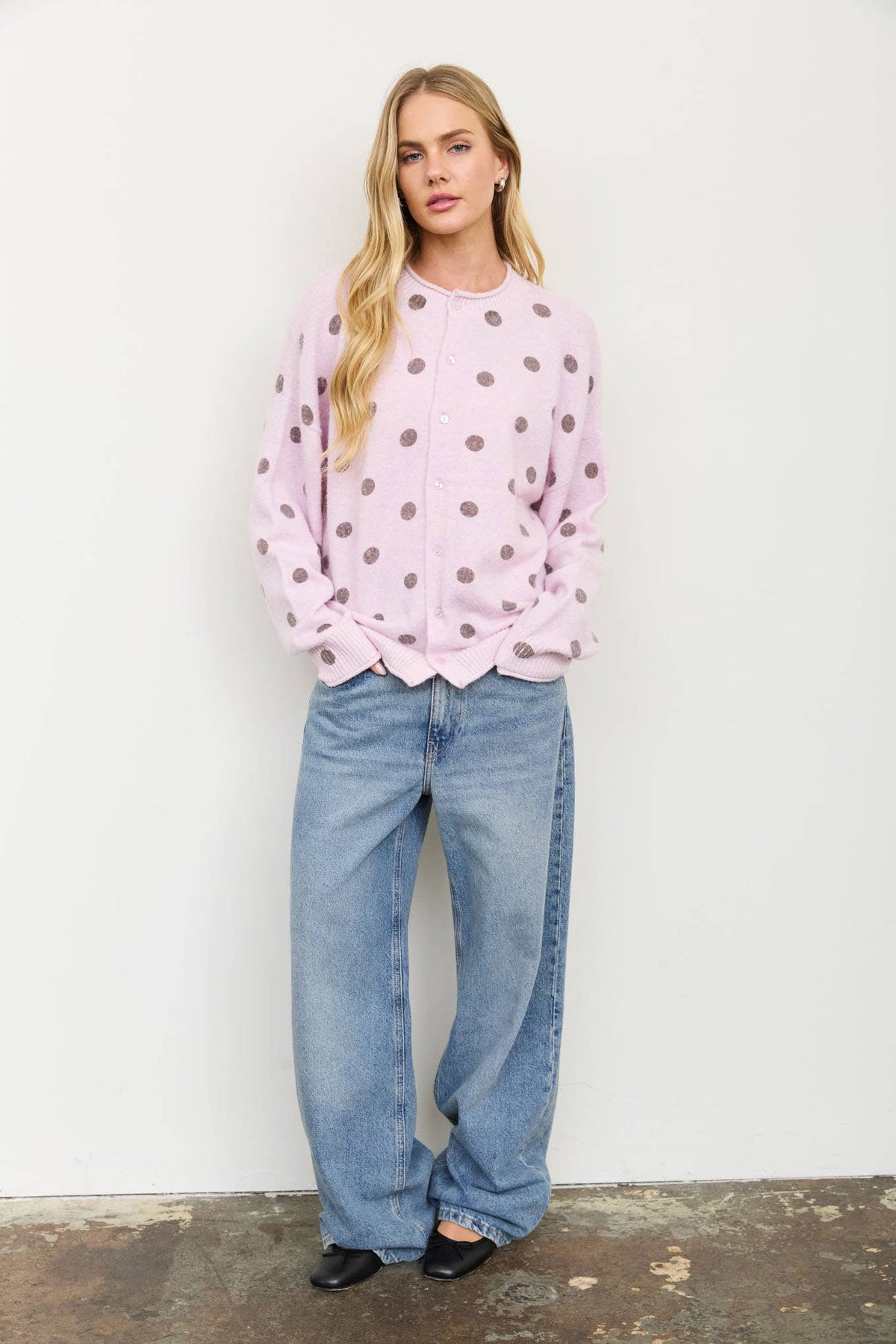 POLKA DOT RAW EDGE WIDE SLEEVE KNIT CARDIGAN