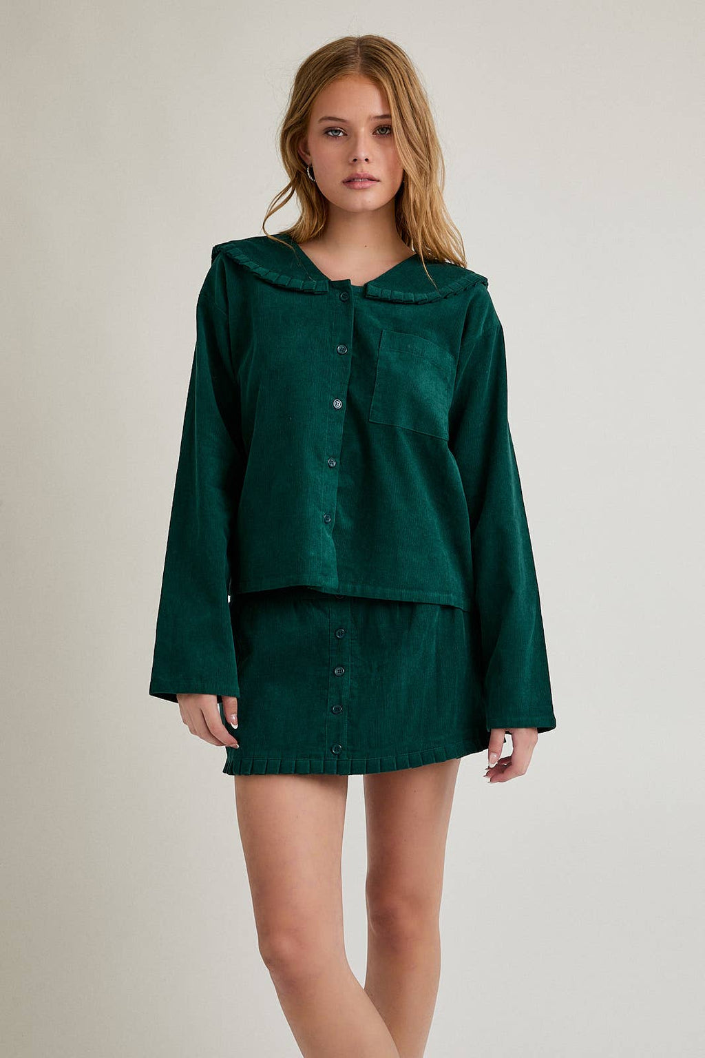 CORDUROY JACKET FRILL DETAIL COLLAR & MINI SKIRT