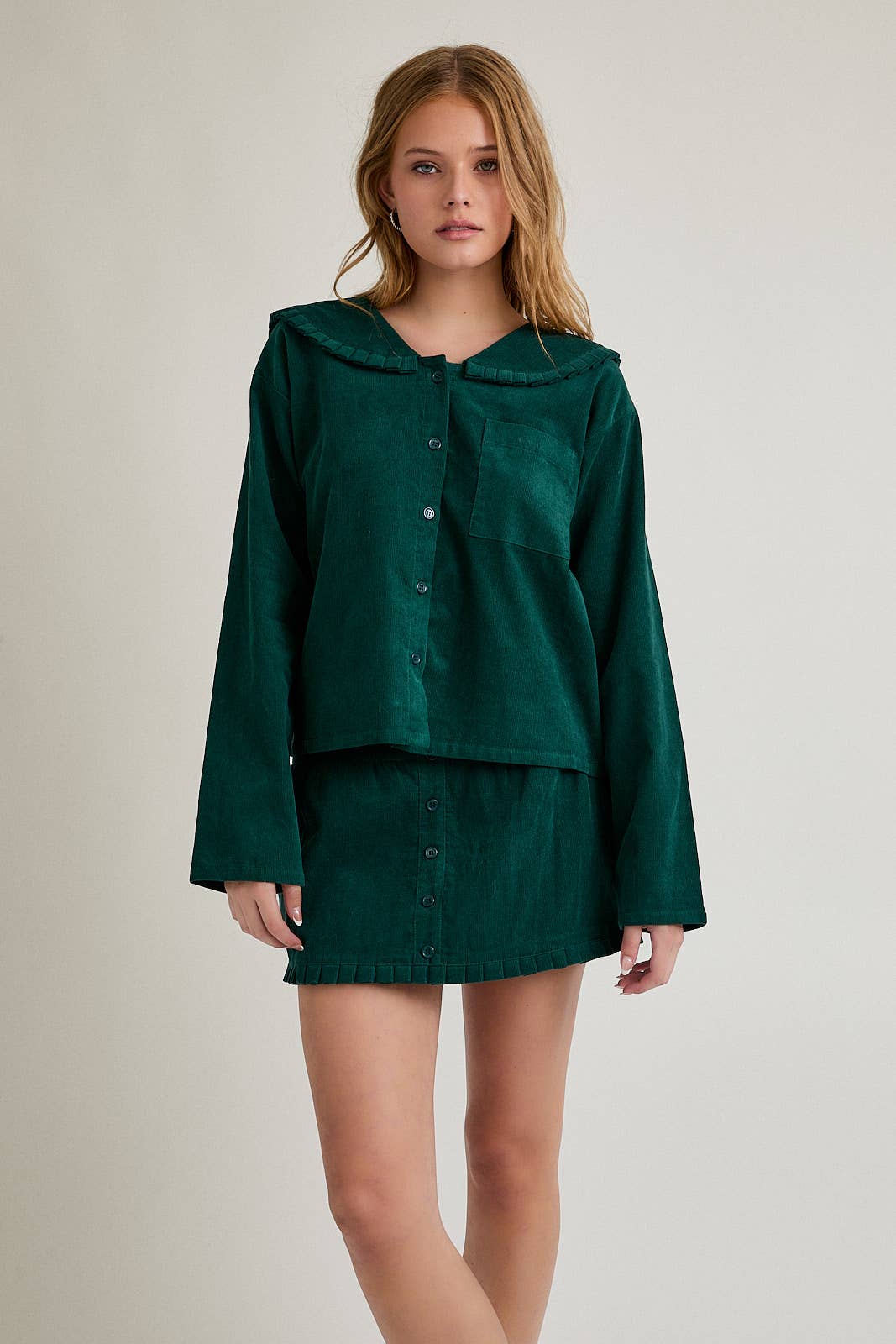 CORDUROY JACKET FRILL DETAIL COLLAR & MINI SKIRT