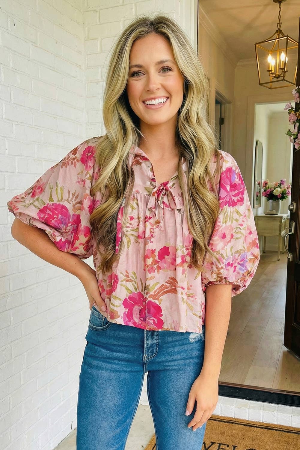LAS-LIVE Floral Print Tie Neck Puffy Blouse (S-XL)