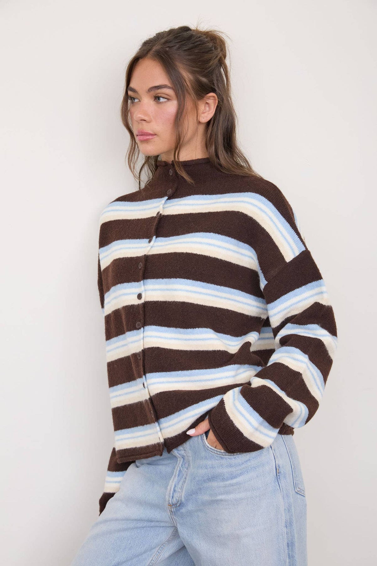 MULTI-COLOR STRIPE ROLLED NECK KNIT CARDIGAN