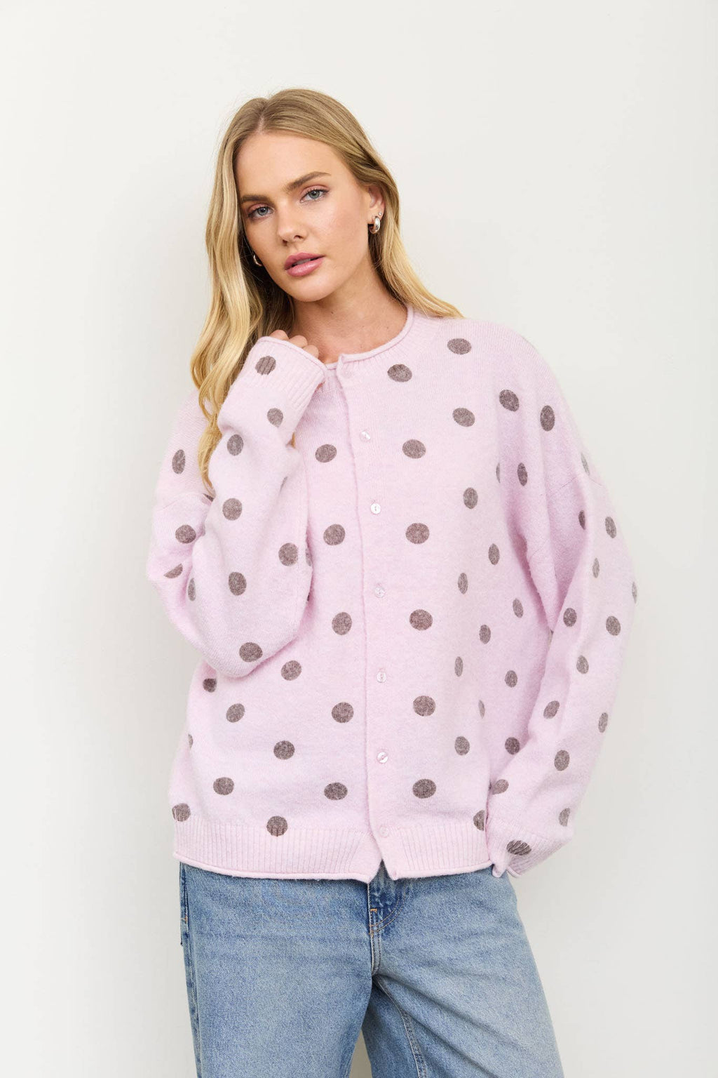 POLKA DOT RAW EDGE WIDE SLEEVE KNIT CARDIGAN