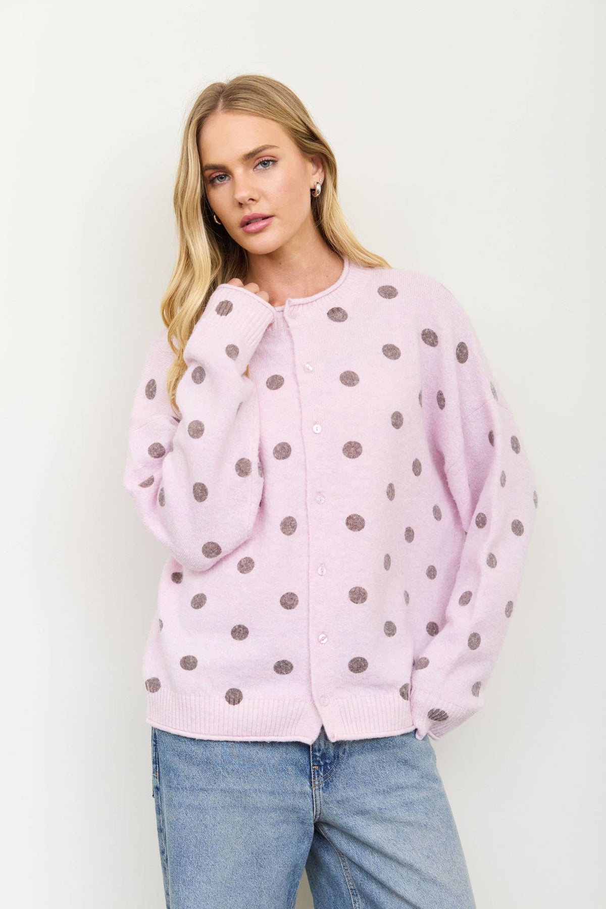 POLKA DOT RAW EDGE WIDE SLEEVE KNIT CARDIGAN