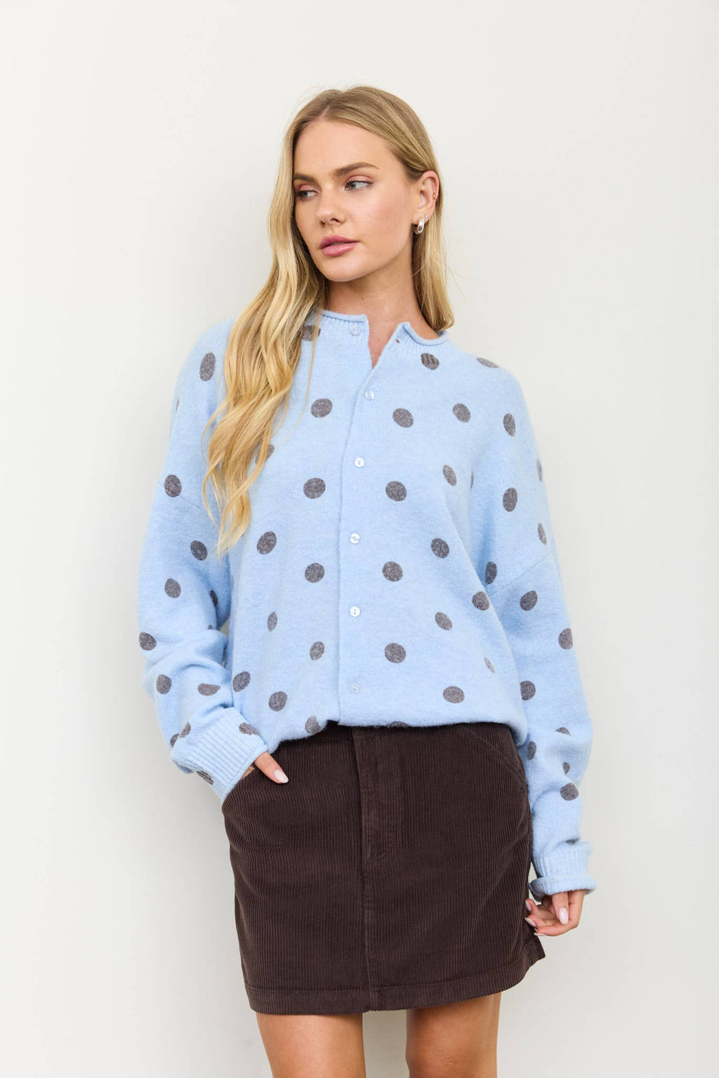 POLKA DOT RAW EDGE WIDE SLEEVE KNIT CARDIGAN