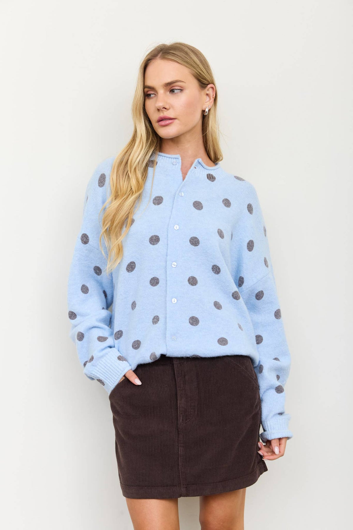 POLKA DOT RAW EDGE WIDE SLEEVE KNIT CARDIGAN