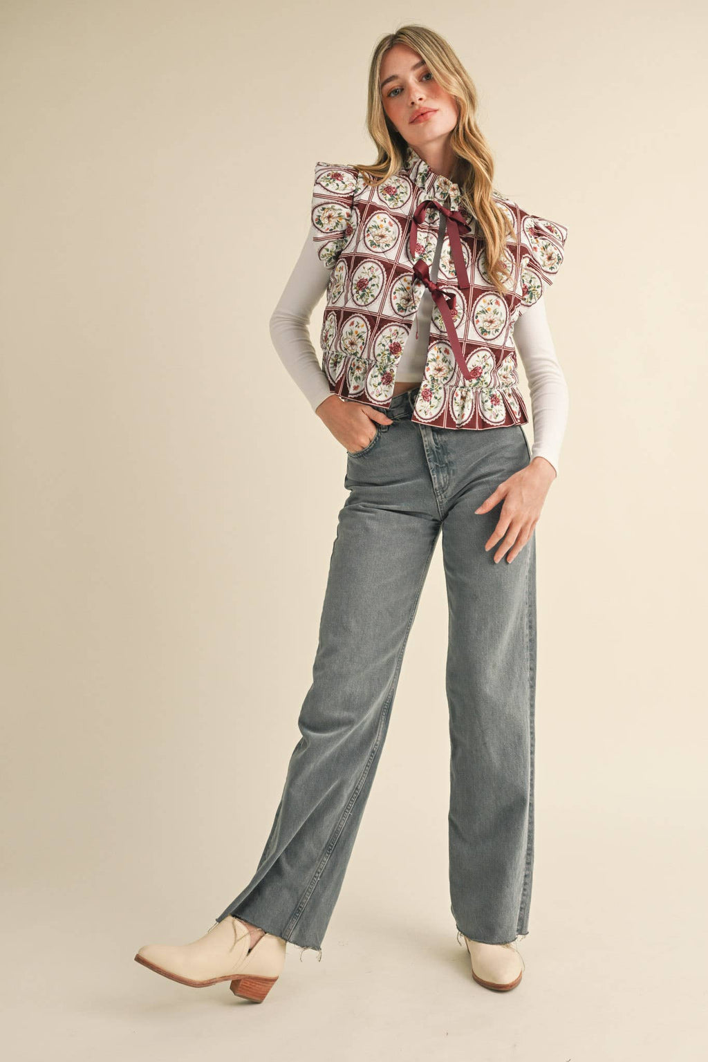 Vintage Flutter Sleeve Floral Puff Vest