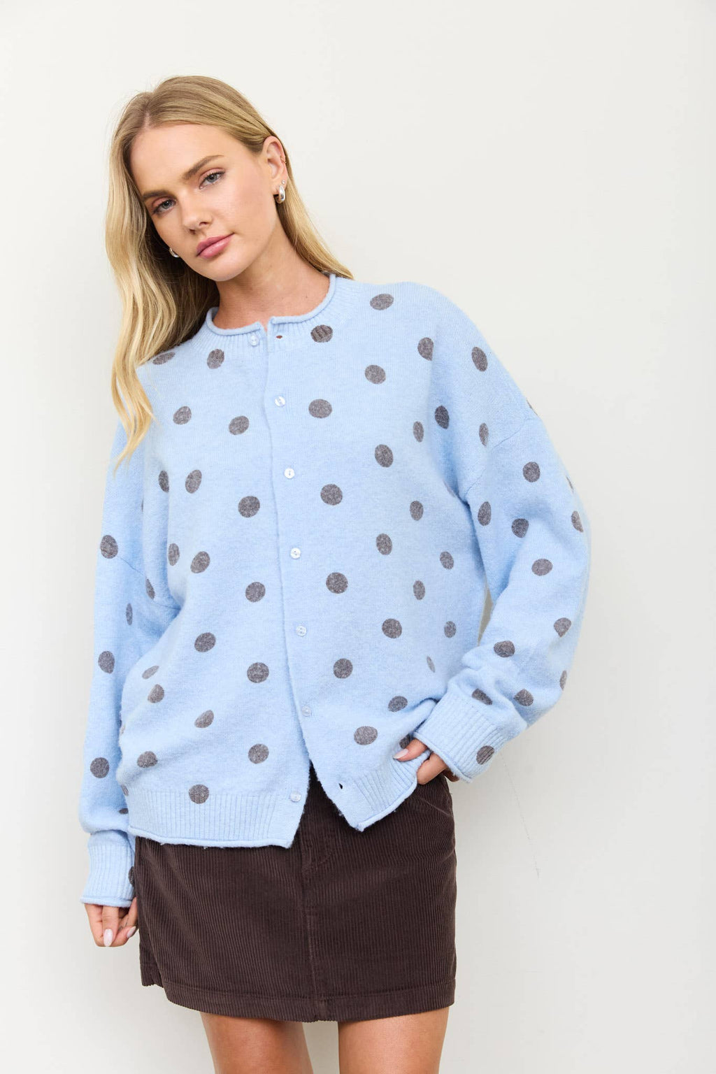 POLKA DOT RAW EDGE WIDE SLEEVE KNIT CARDIGAN