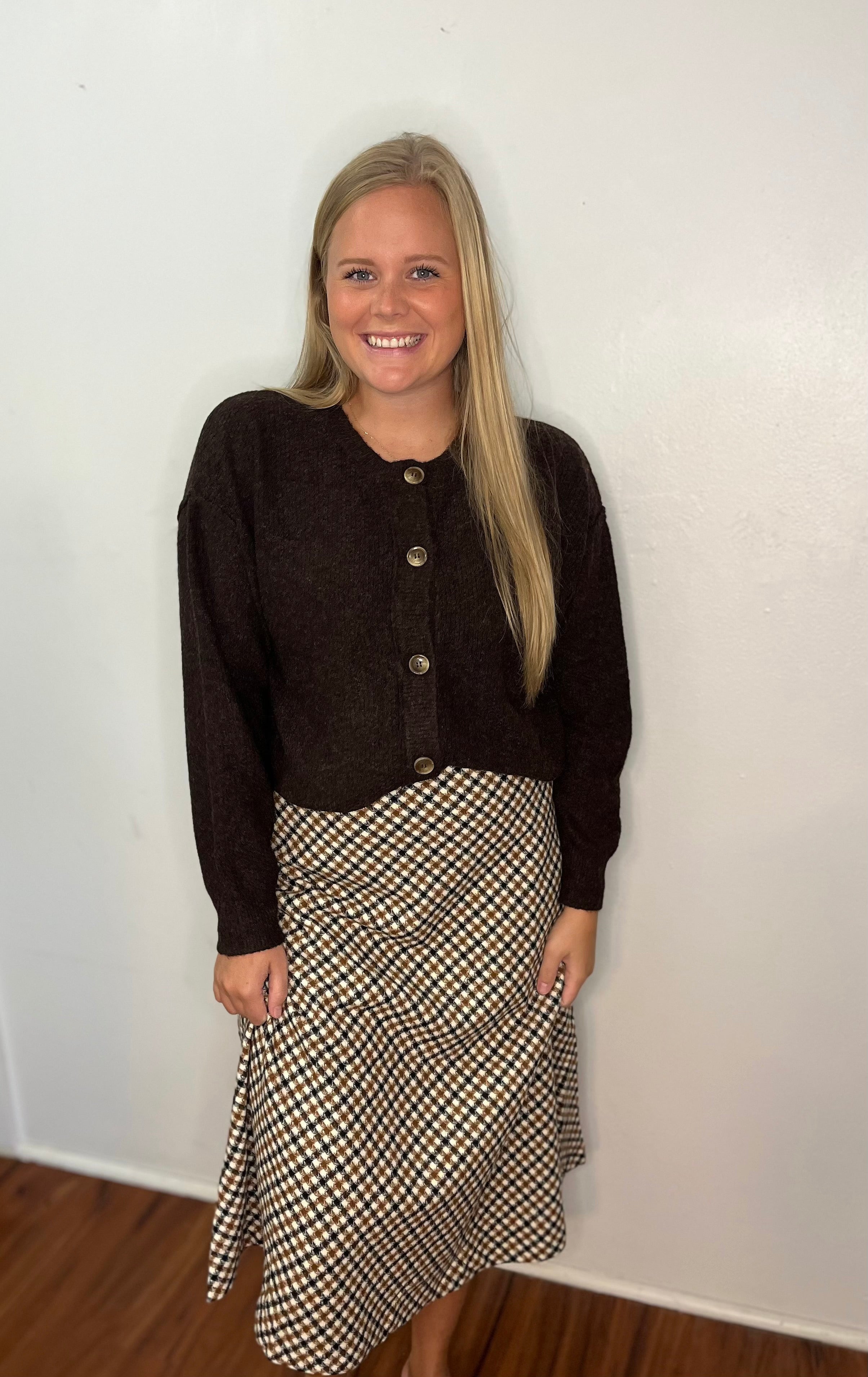 Houndstooth Checkered Wool-Like Midi Skirt