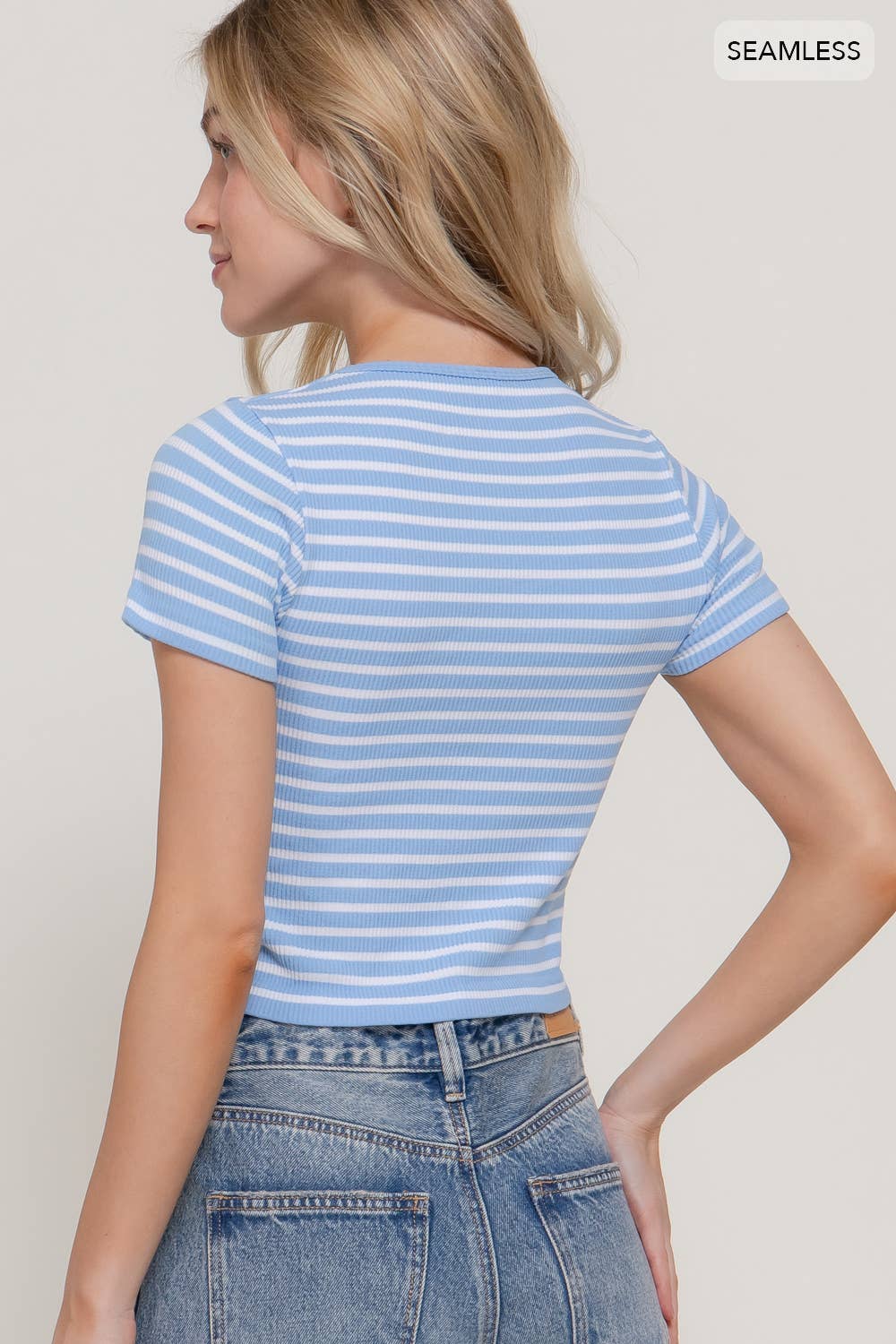 Short Sleeve Crew Neck Stripe Seamless Rib Knit Top