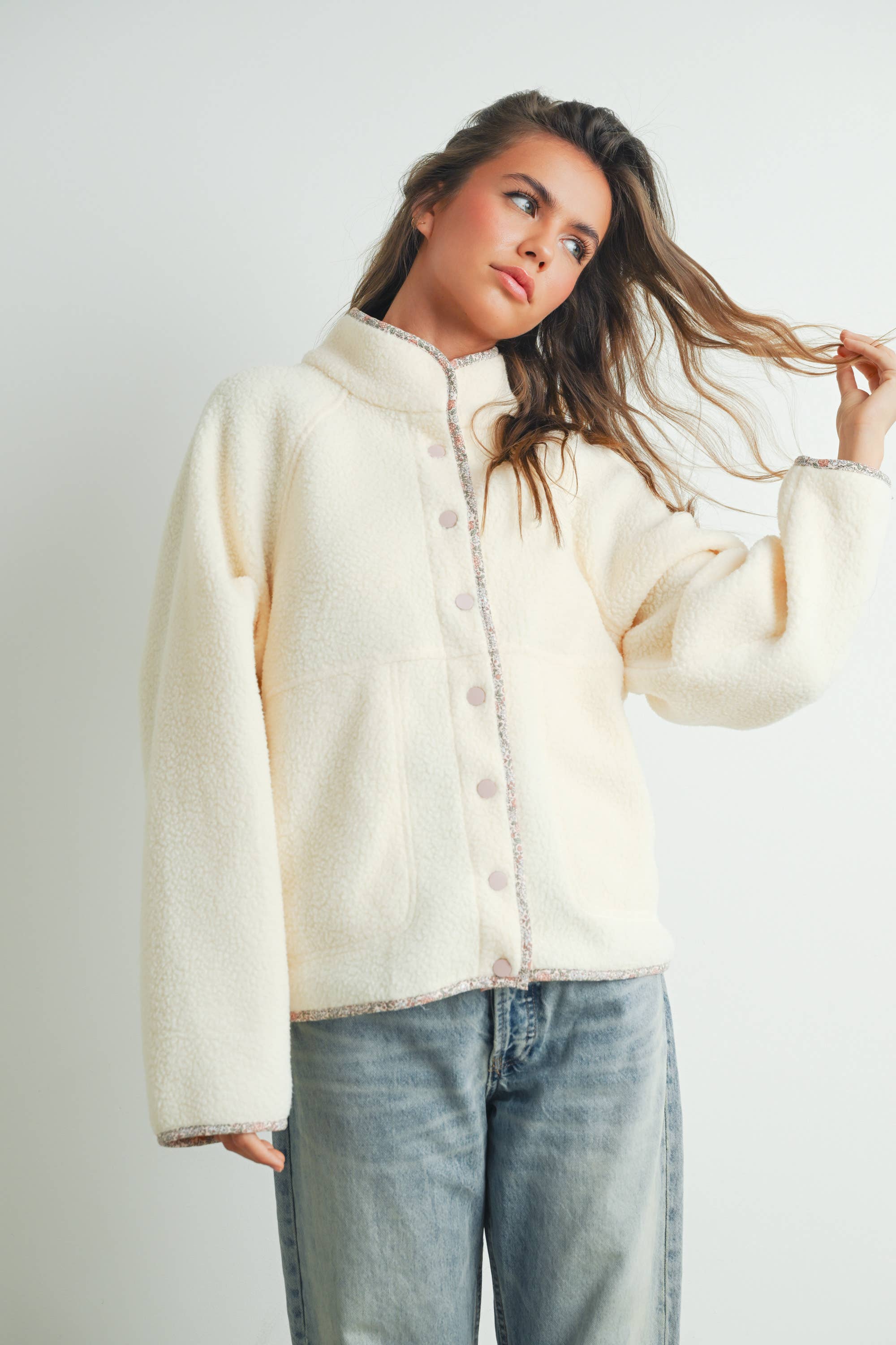 Cozy Snap Mock Neck Sherpa Fleece Jacket