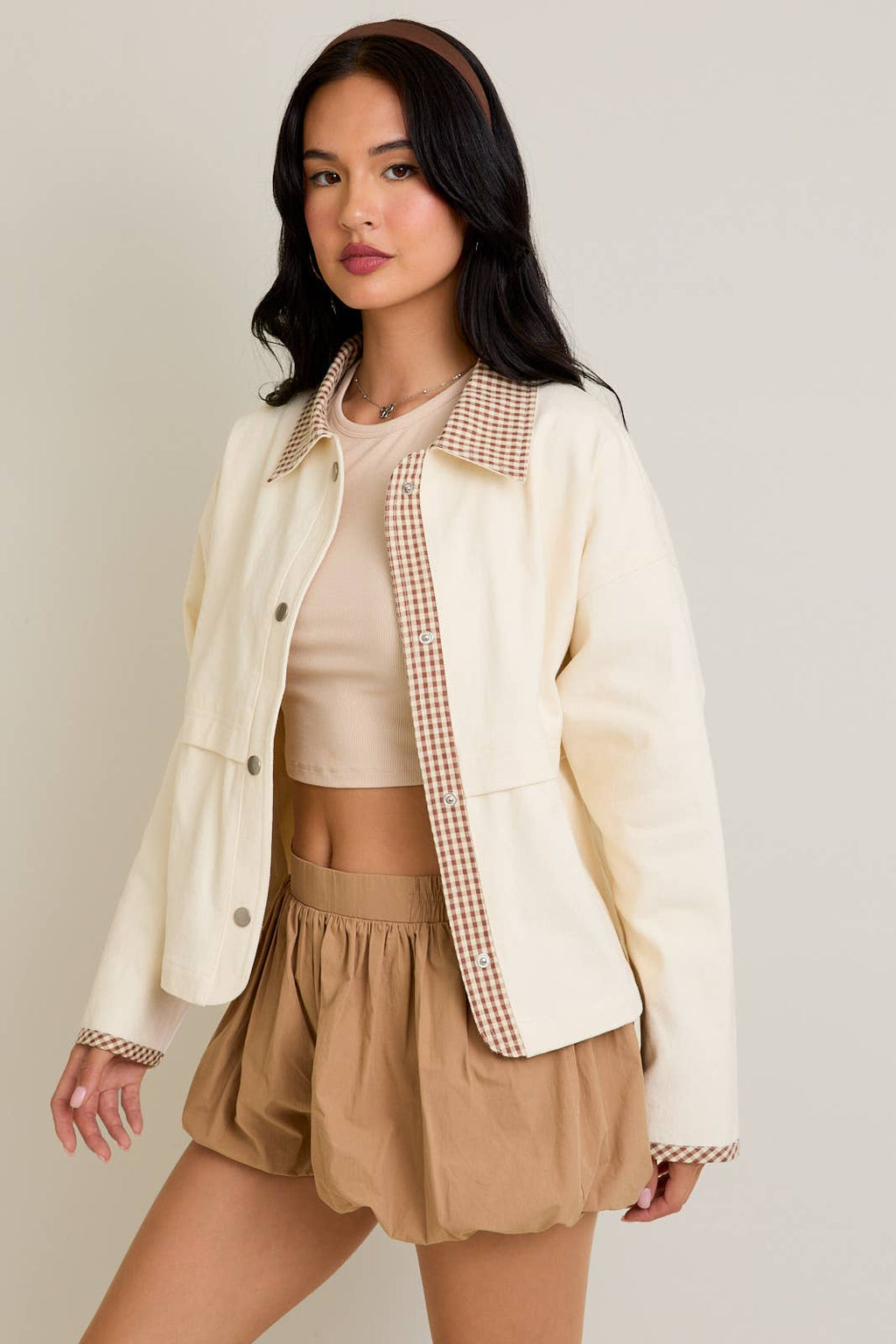 SHACKET WITH GINGHAM CONTRAST DETAILING