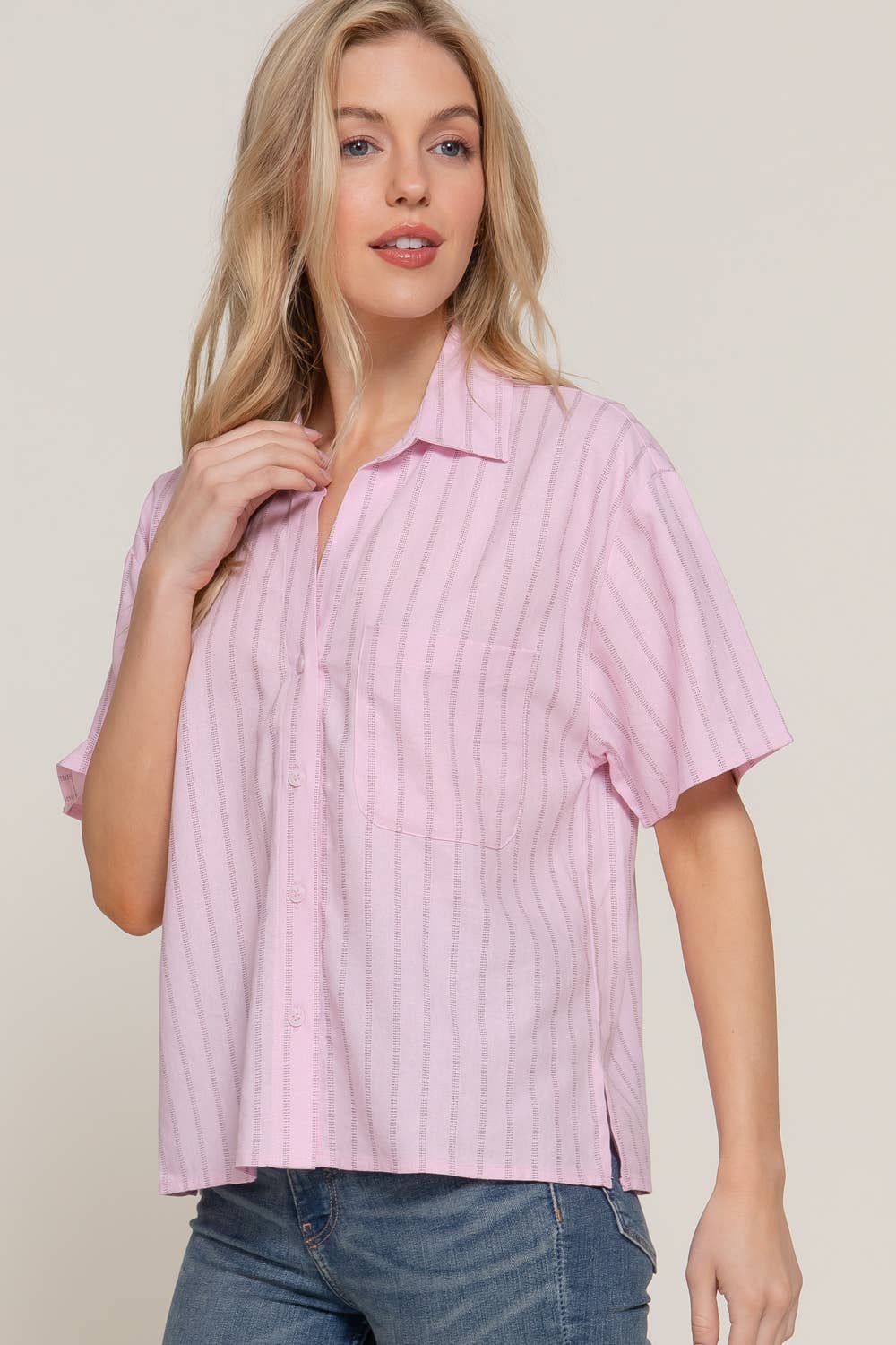 Short Dolman Sleeve Button Down Stripe Linen Shirt