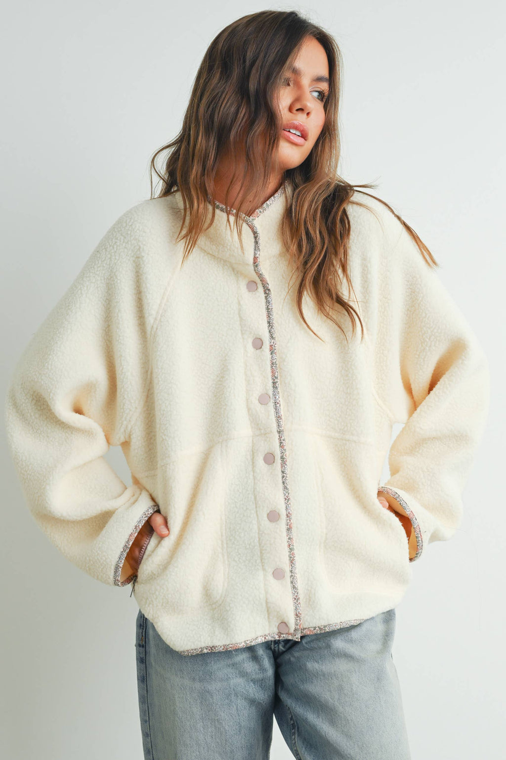 Cozy Snap Mock Neck Sherpa Fleece Jacket