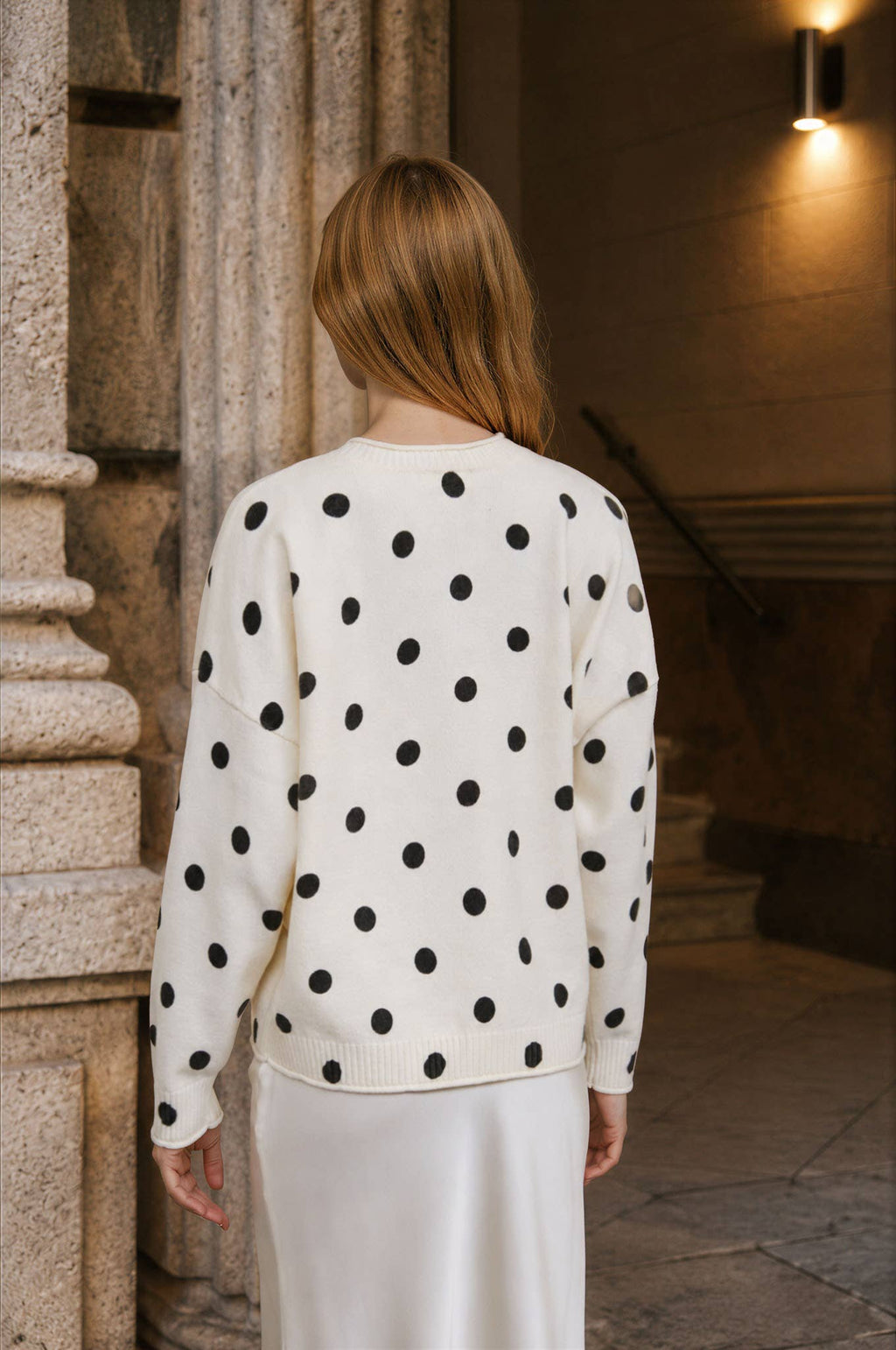 POLKA DOT RAW EDGE WIDE SLEEVE KNIT CARDIGAN