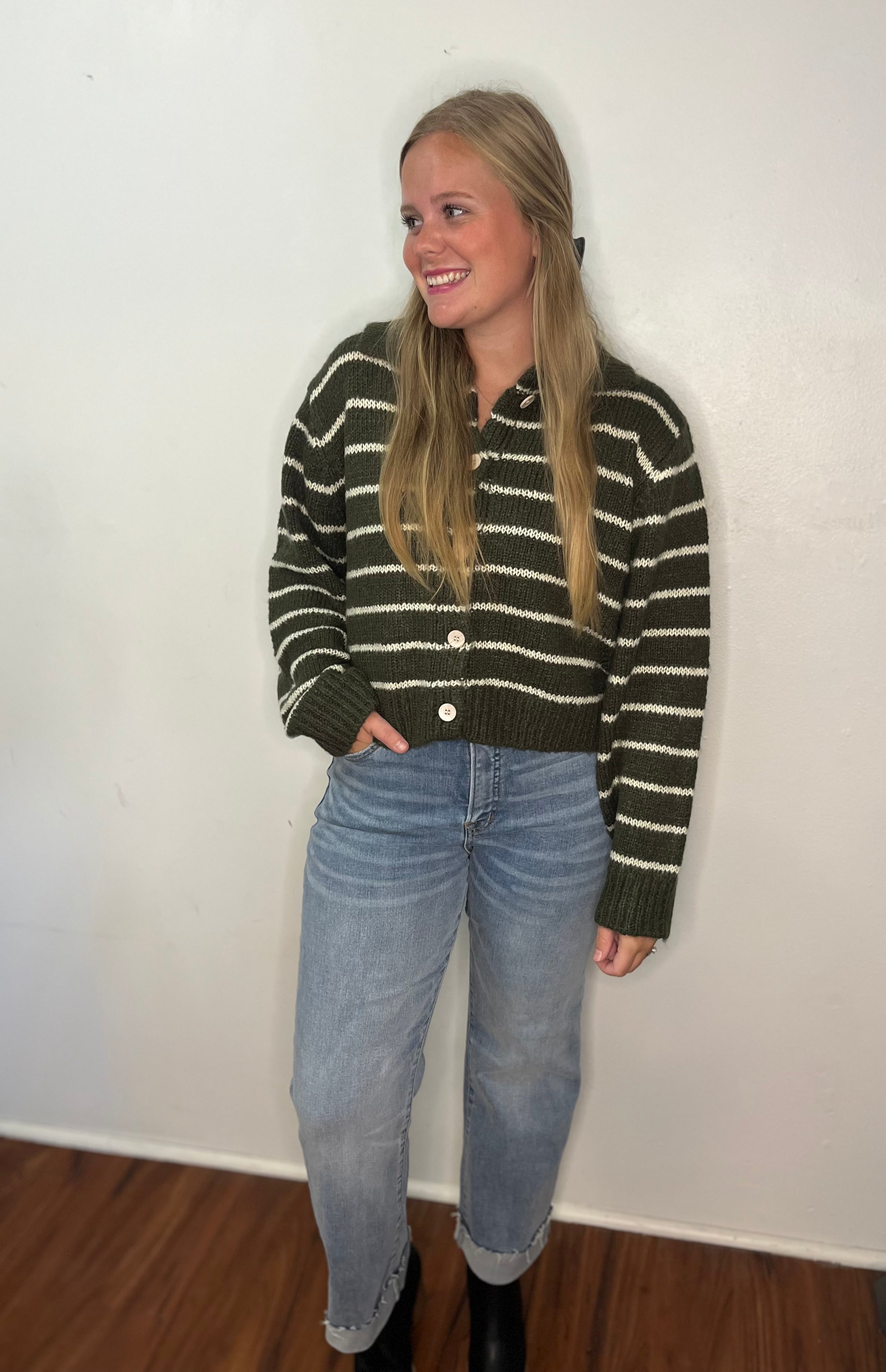 Olive Striped Cardigan Button Down