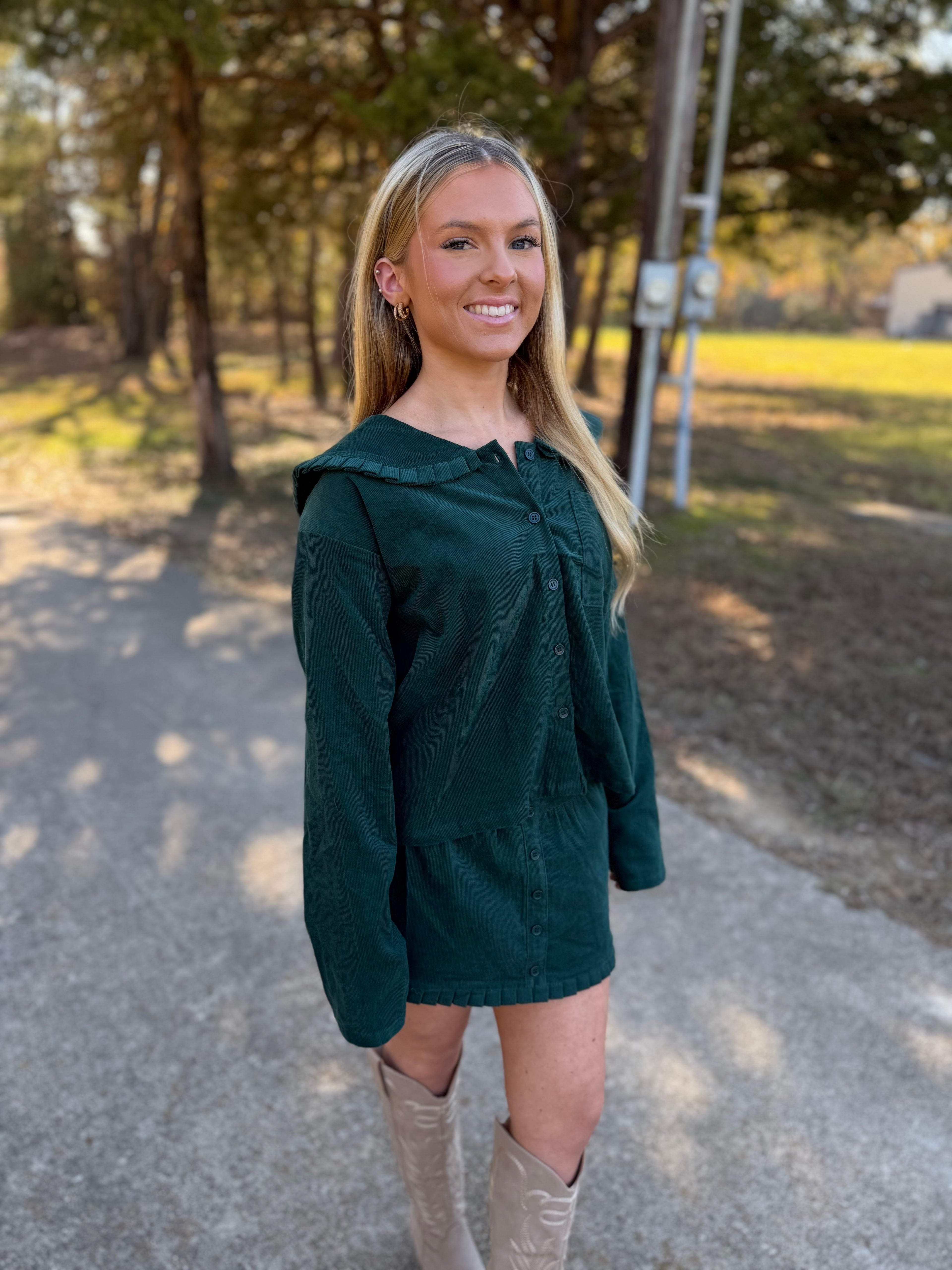 CORDUROY JACKET FRILL DETAIL COLLAR & MINI SKIRT