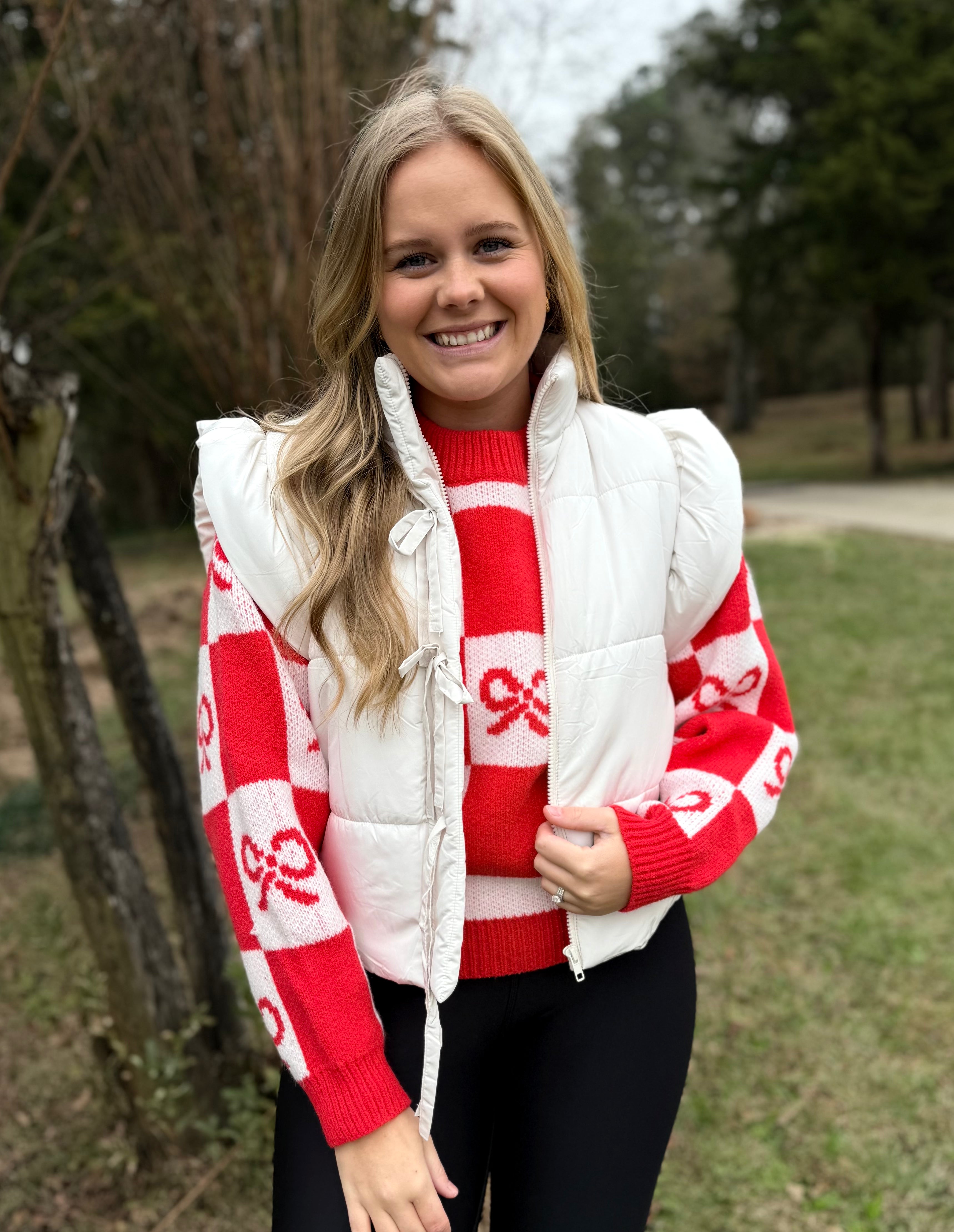 FLUTTER SLEEVE BOW DETAIL ZIP-UP PUFFER VEST