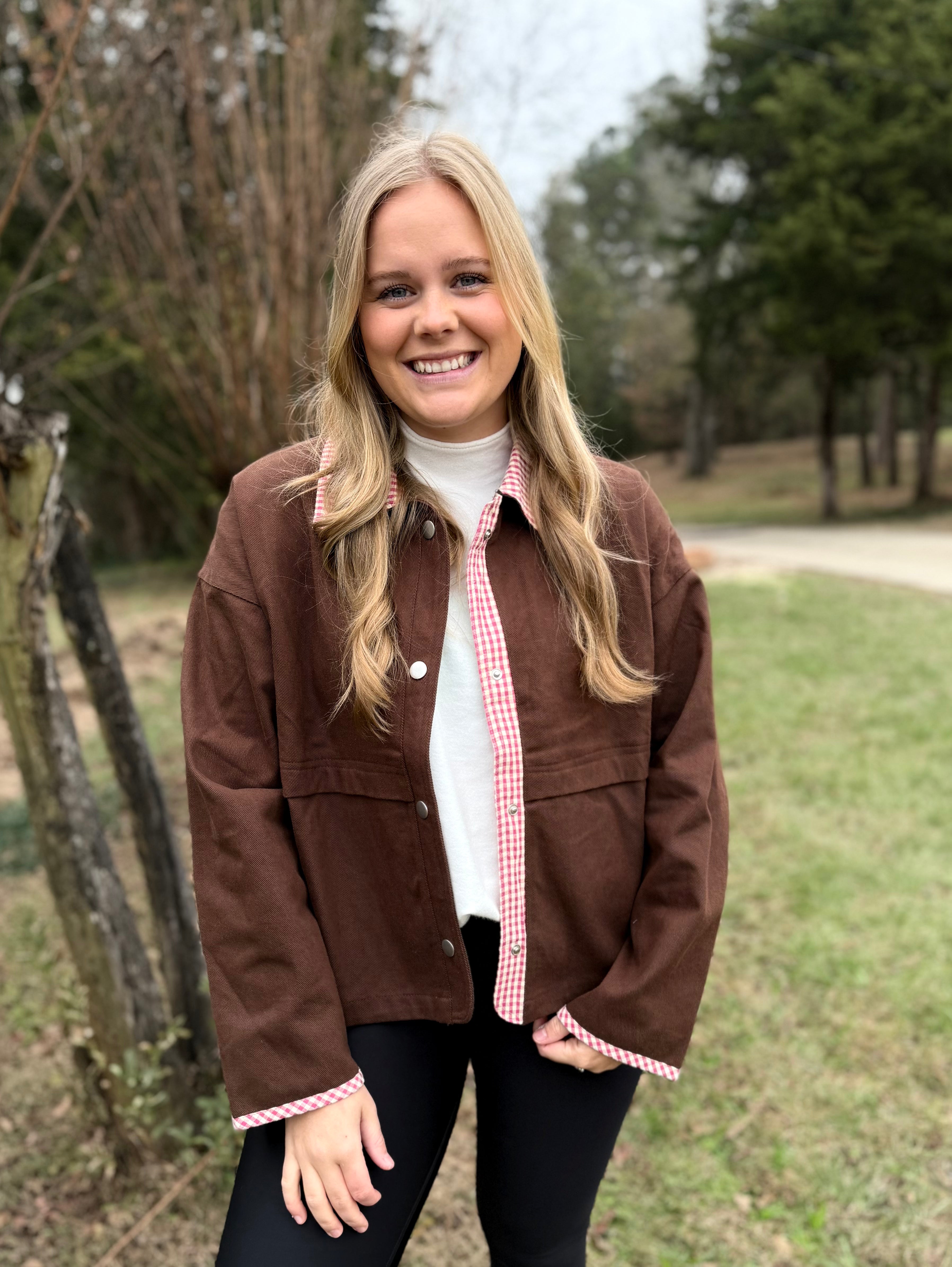 SHACKET WITH GINGHAM CONTRAST DETAILING