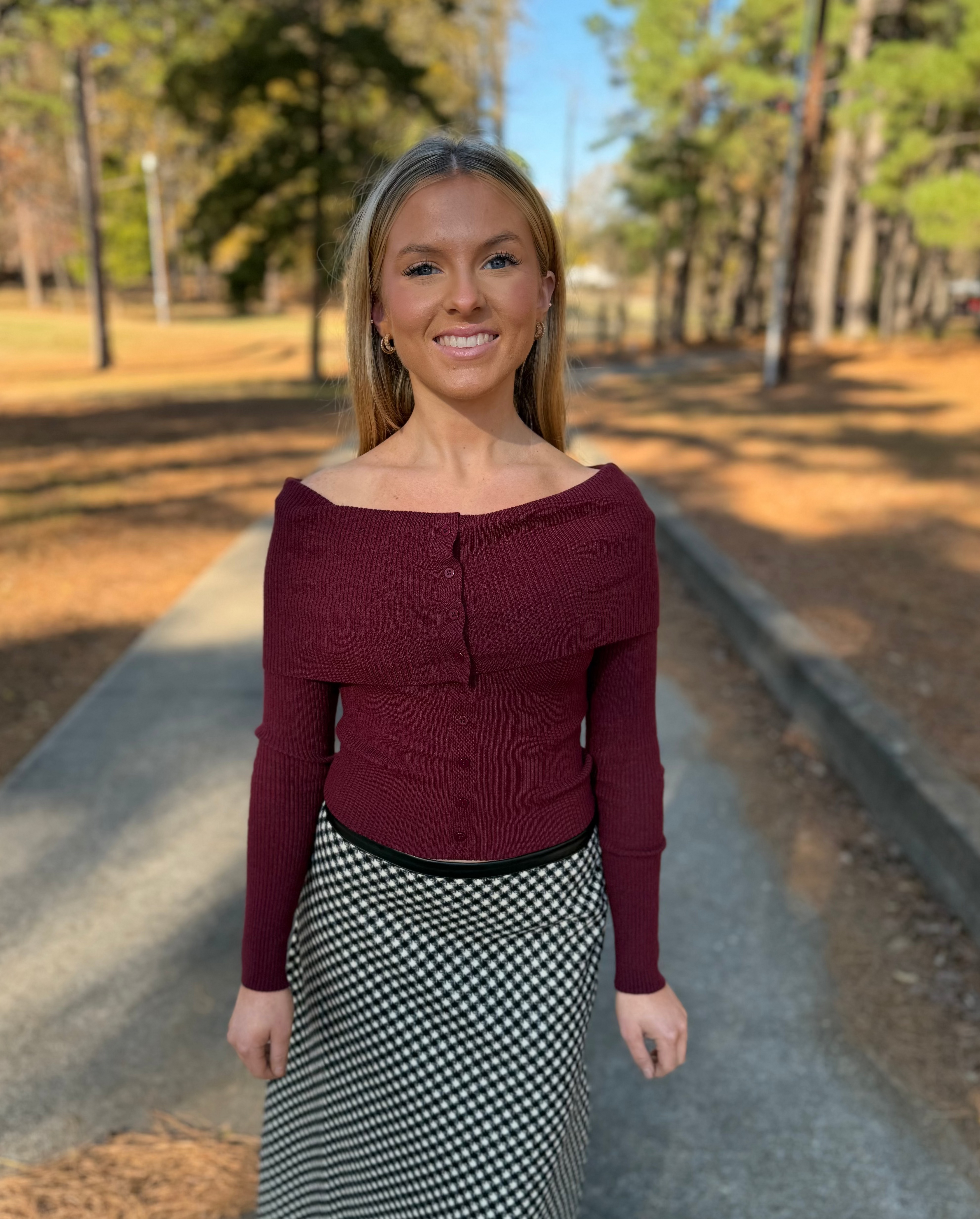 Off-Shoulder Button Front Ribbed Top